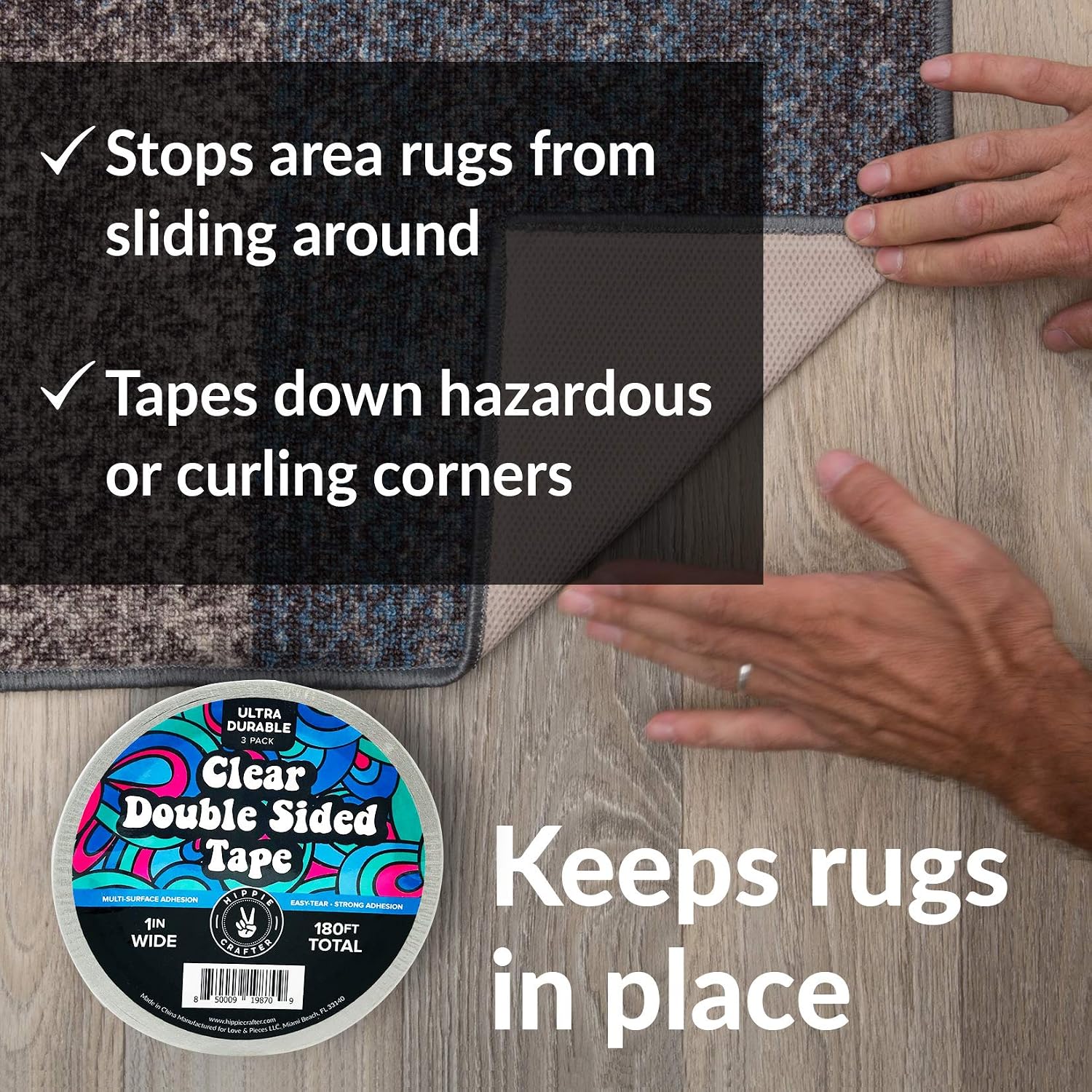 HIPPIE CRAFTER Clear Double Sided Tape, 2 Inch Wide Heavy-Duty Adhesive, Removable Mounting Tape for Posters, Carpets, Wall-Safe Use, Crafts
