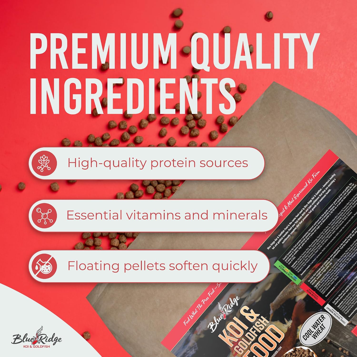 Blue Ridge Koi Fish Food 25lb - Cool Water Wheat 3/16", Fall and Winter Floating Pond Pellets, Ponds Fish Food