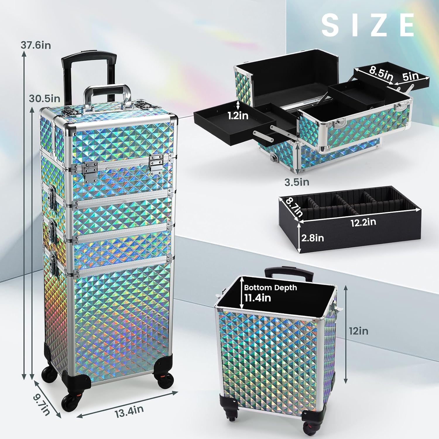 Stagiant Rolling Makeup Case Cosmetology Case on Wheels 4 in 1 Large Cosmetic Organizer Train Case Makeup Travel Case with Key Swivel Wheels Nail