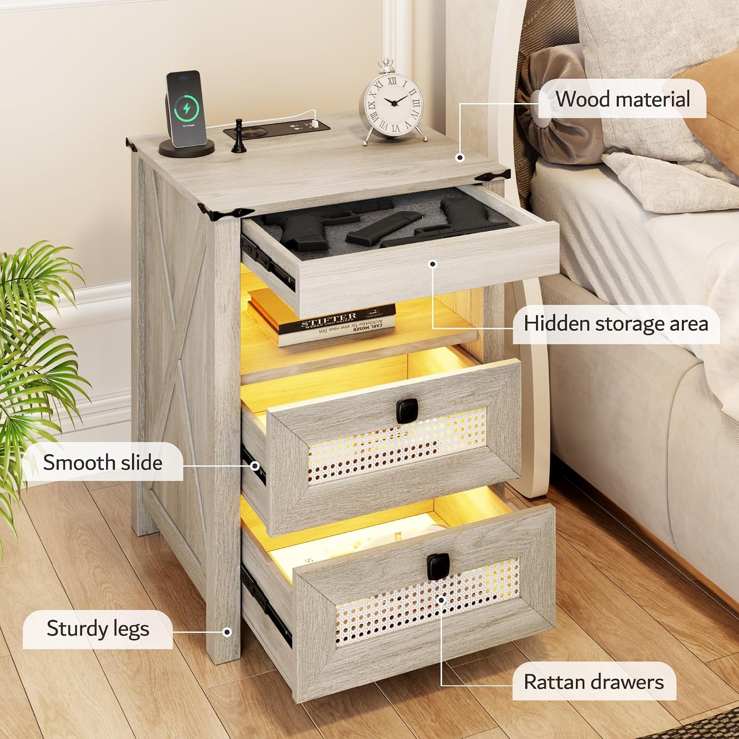 LED Night Stand with Gun Drawer & Charging Station | Human Sensor Lights, Hidden Storage, Farmhouse Rattan Style, 3 Drawers, Bedside Table for Bedroom, End Tables Livingroom