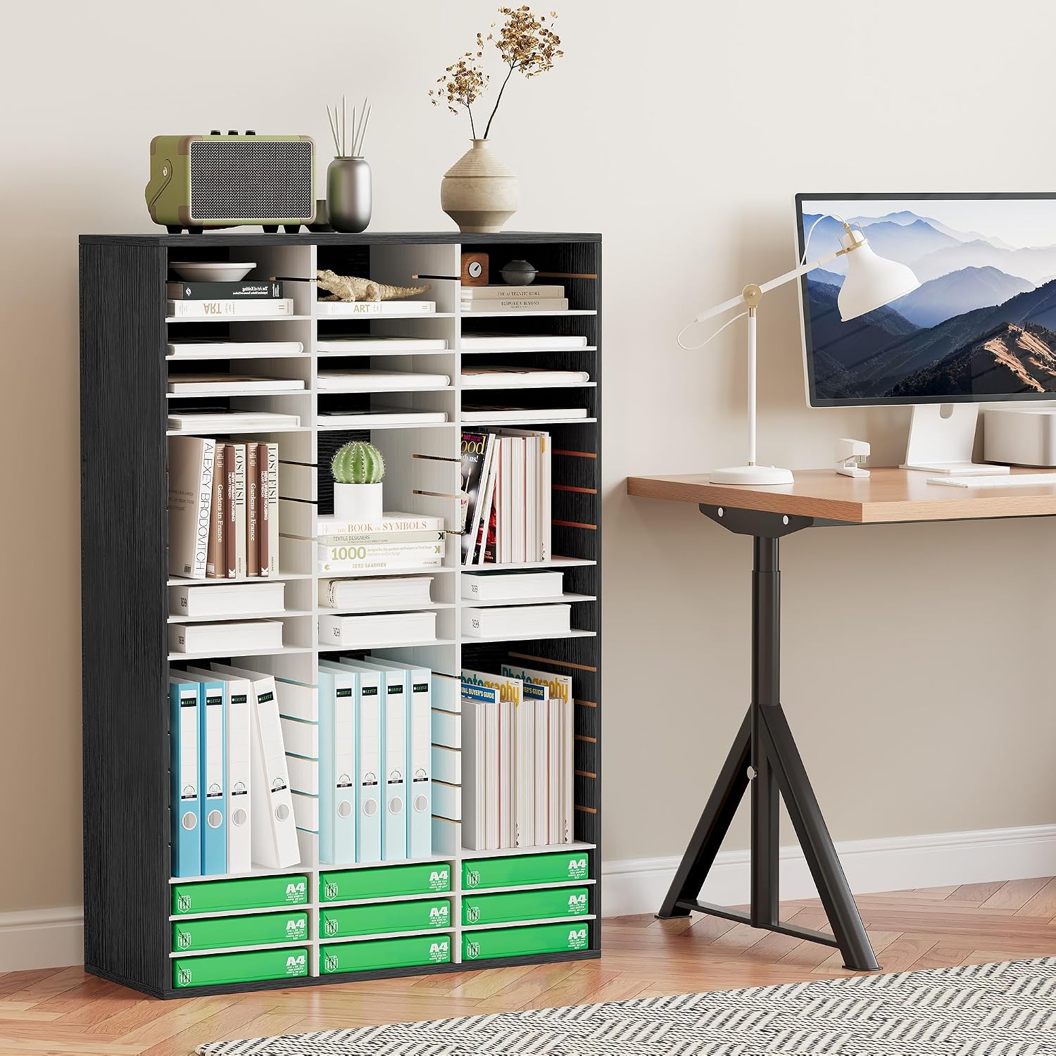 EasyPAG 12 Compartments Wooden Literature Organizer with Adjustable Shelves, 6000 Sheets Capacity Paper Organizer