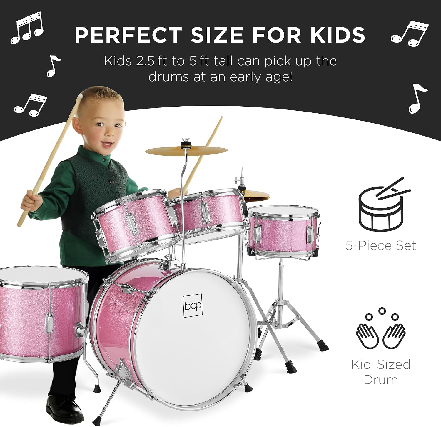 Best Choice Products Kids 5-Piece Beginner Drum Set Junior Kit, Starter Percussion w/Cymbals, Pedal, Drumsticks, Stool, Toms, Snare, Hi Hat - Black