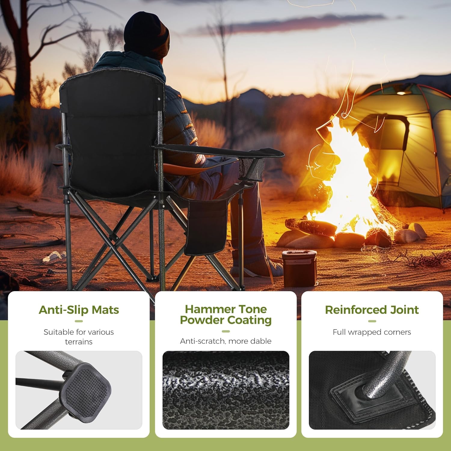 ALPHA CAMP Oversized Fully Padded Camping Chairs with Lumbar Support | Heavy duty 500 LBS, Steel Frame, Sturdy, Durable, Cooler Bag