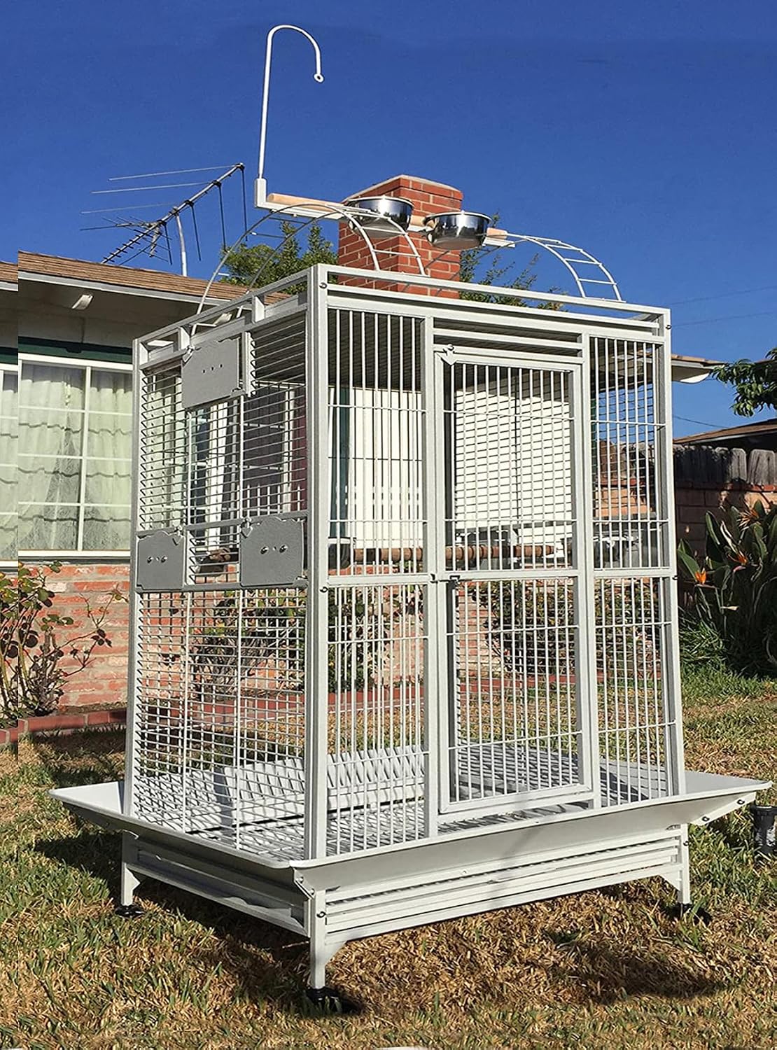 Large Double Ladders Open Play Top Wrought Iron Bird Parrot Parakeet Finch Macaw Cockatoo Cage, Include Seed Guard and Toy Hook (30.5''L x 29.5''W x 65''H, Black Vein)