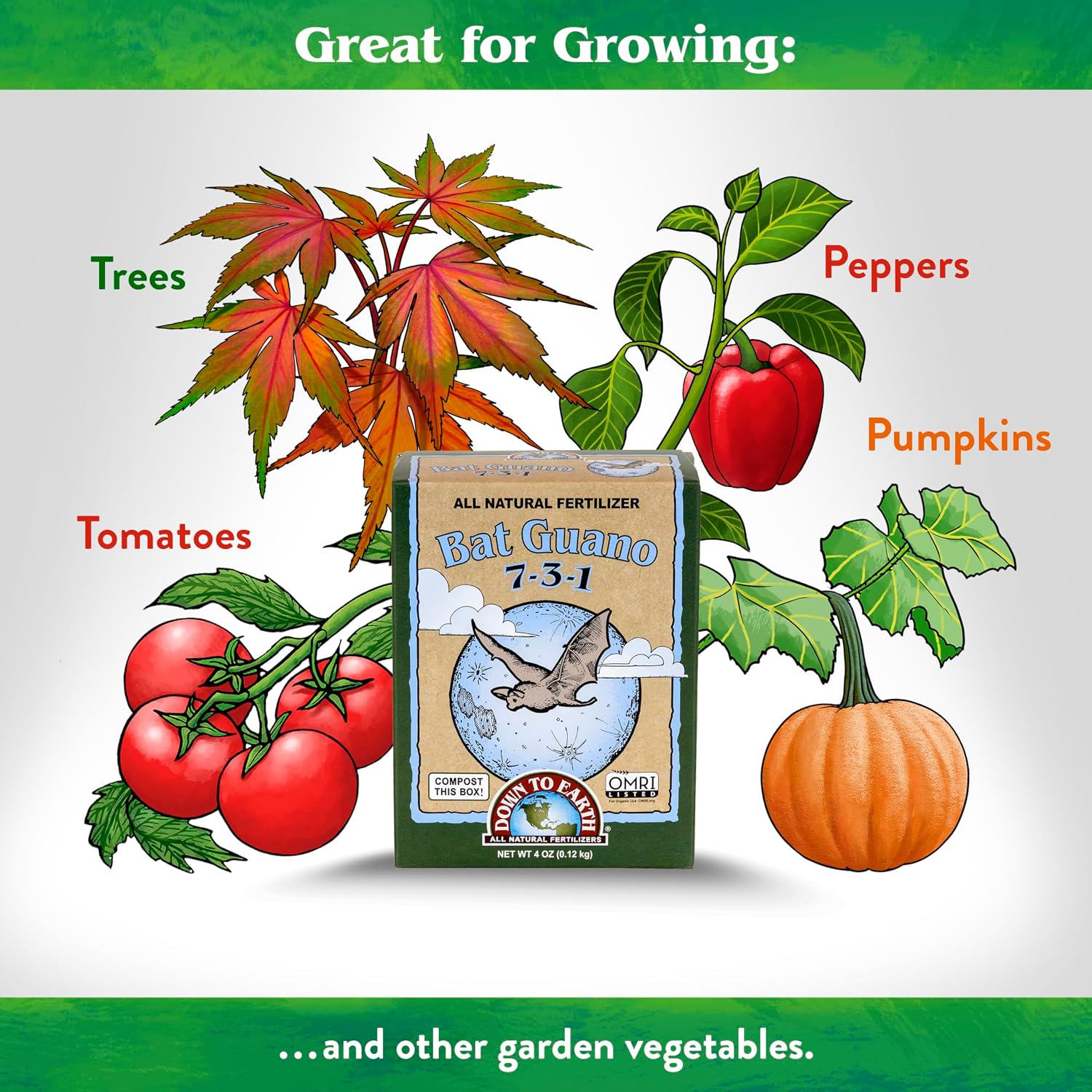 Down To Earth All Natural Fertilizers Organic Bat Guano - 7-3-1, 0.25 lb | High Nitrogen Plant Food for Rapid Vegetative Growth, Fast-Acting in Vegetable Gardens, Flower Gardens
