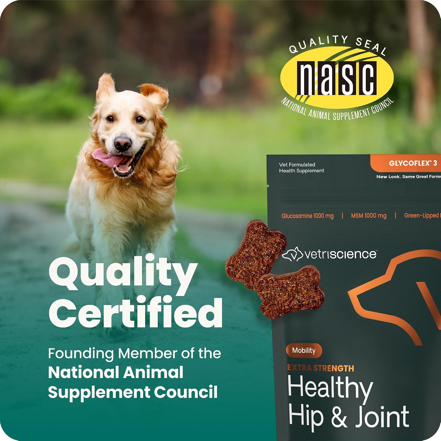 VetriScience Extra Strength Hip & Joint Supplement for Dogs – Supports Joint Health & Mobility, Vet-formulated w/Glucosamine, MSM & Green-Lipped Mussel – Chicken Flavor, 120 Chews