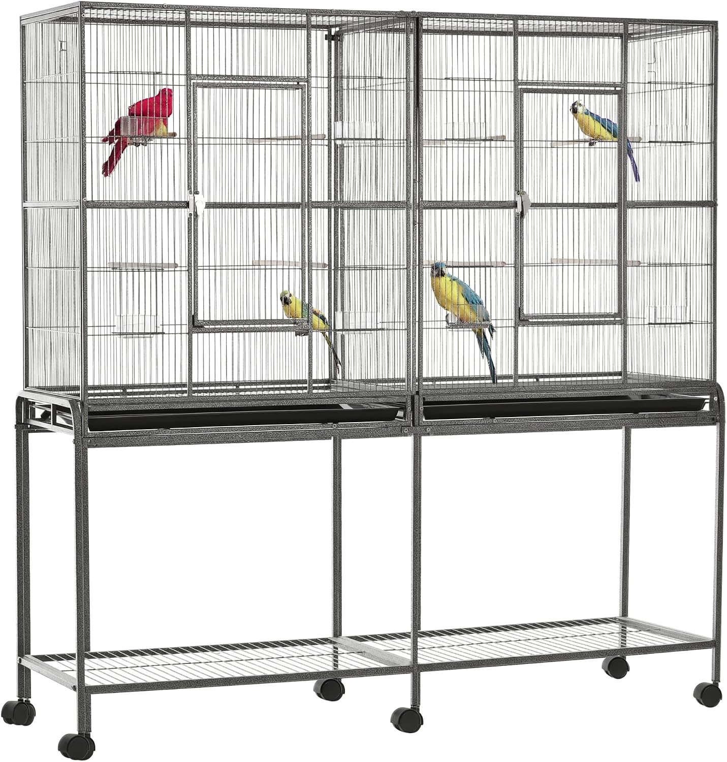 PawHut 65" Double Rolling Metal Bird Cage with Divider, Large Parrot Cage for Parakeet, Canaries, Lovebirds, Budgie, Finch