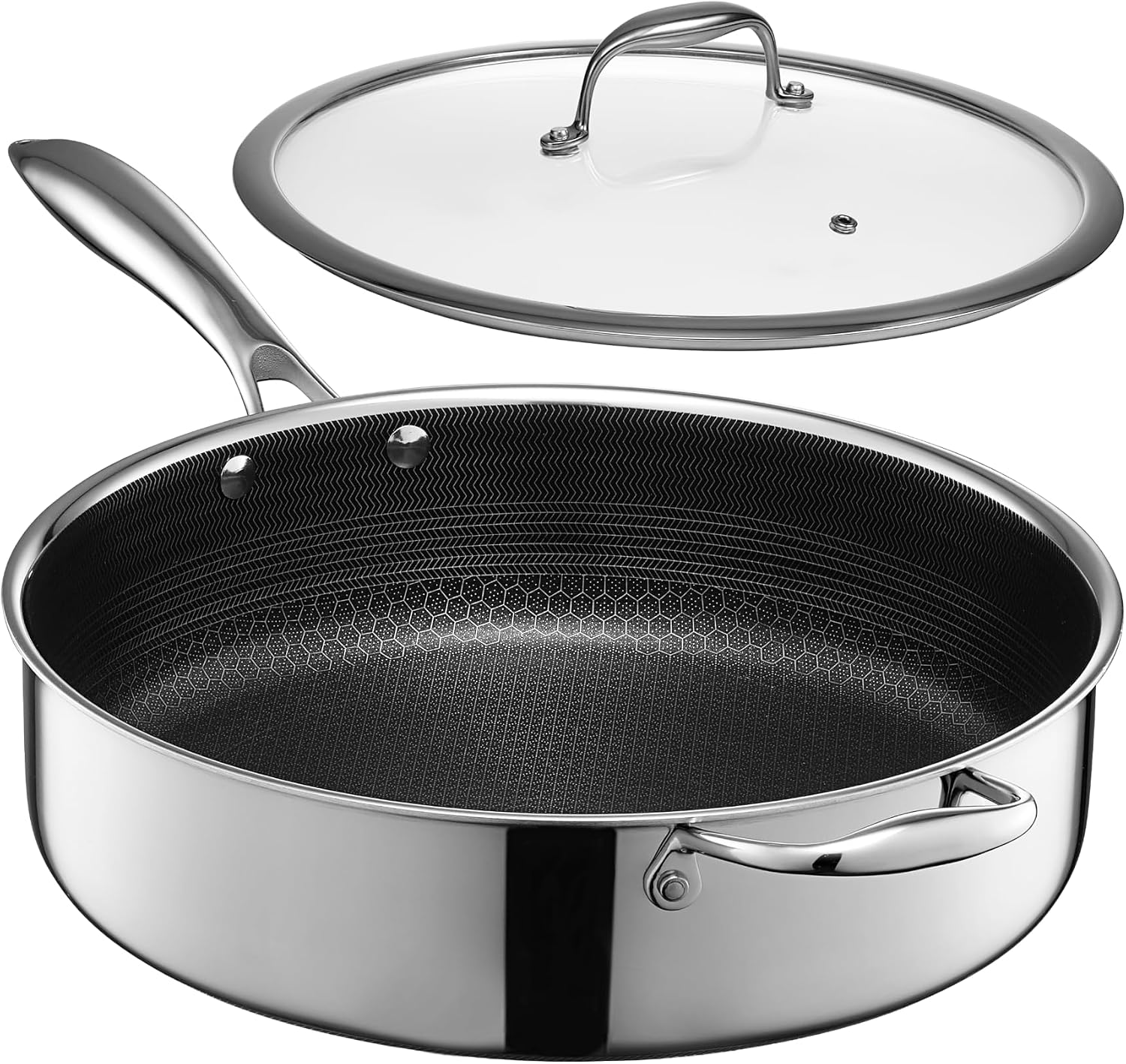HexClad 4.5 Qt Hybrid Nonstick Deep Sauté Frying Pan & Lid, Induction Ready | Stay-Cool Handles, Dishwasher and Oven Safe up to 900°F, Compatible with All Cooktops