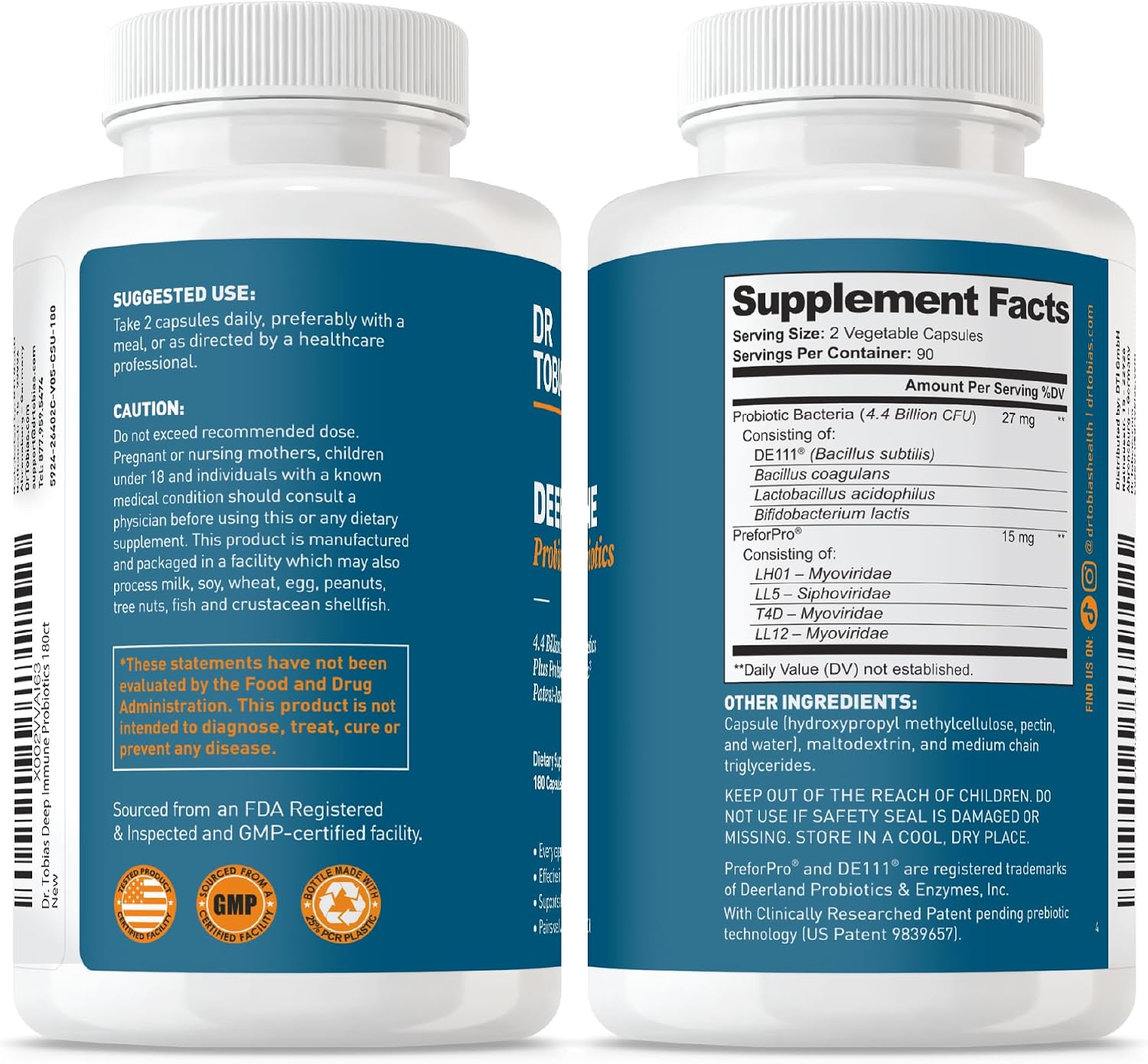 Dr. Tobias Deep Immune Probiotic + Prebiotic 60 Capsules | Gut Health | Dual Action Gut & Immune Support | DE111 Spore Forming Probiotics + PreforPro | Targeted Release | Shelf Stable | 30 Servings