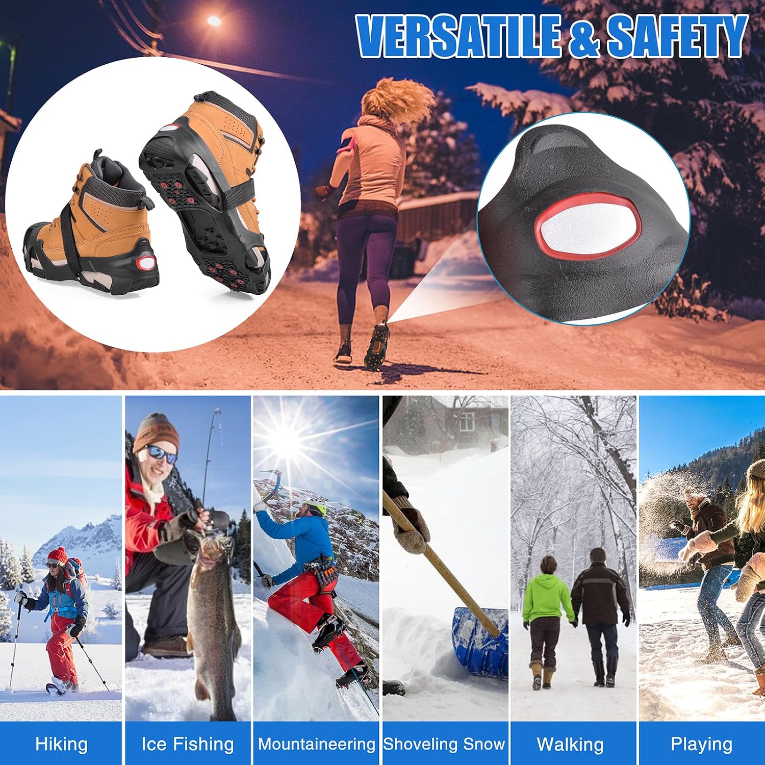 Ice Cleats Tungsten Crampons, Anti Slip Shoes Grippers with Reflective Heel, Ice Snow Cleats for Shoes and Boots Men Women Slip-on Overshoes Stretch Footwear