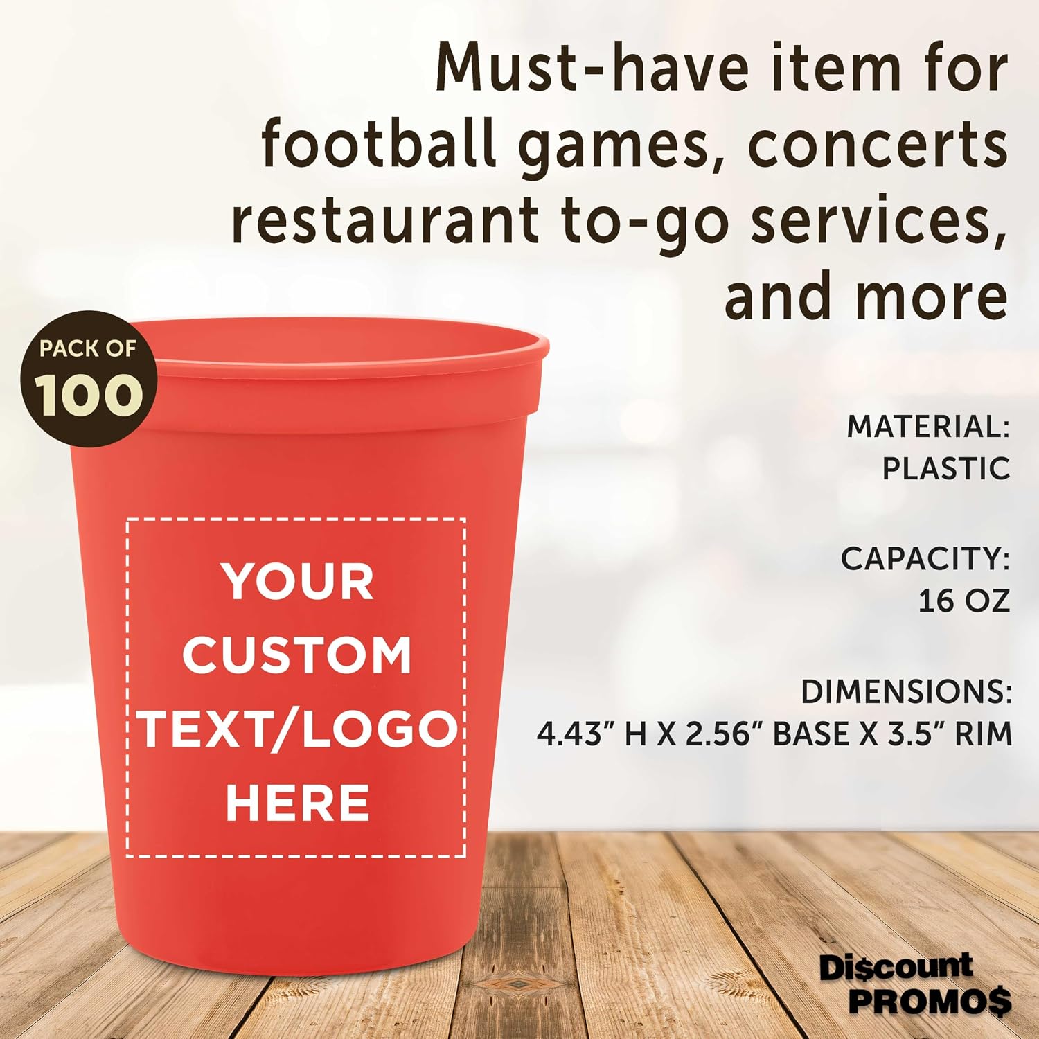 DISCOUNT PROMOS Custom Plastic Stadium Cups 16 oz. Set of 10/50/100, Personalized Bulk Pack - Perfect for Birthdays, Weddings, Picnic, Beach