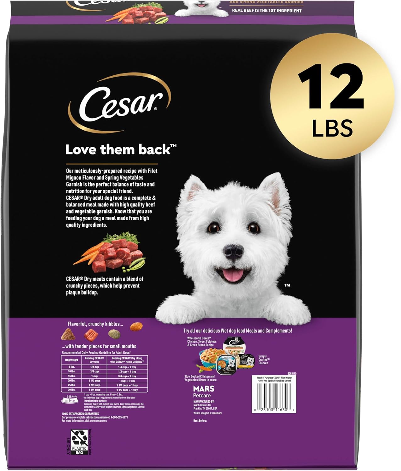 Cesar Small Breed Dry Dog Food, Chicken & Spring Vegetables Flavor, 5 lb | Made in USA, Real chicken #1 ingredient, 26 essential nutrients, supports small breed health, no artificial flavors