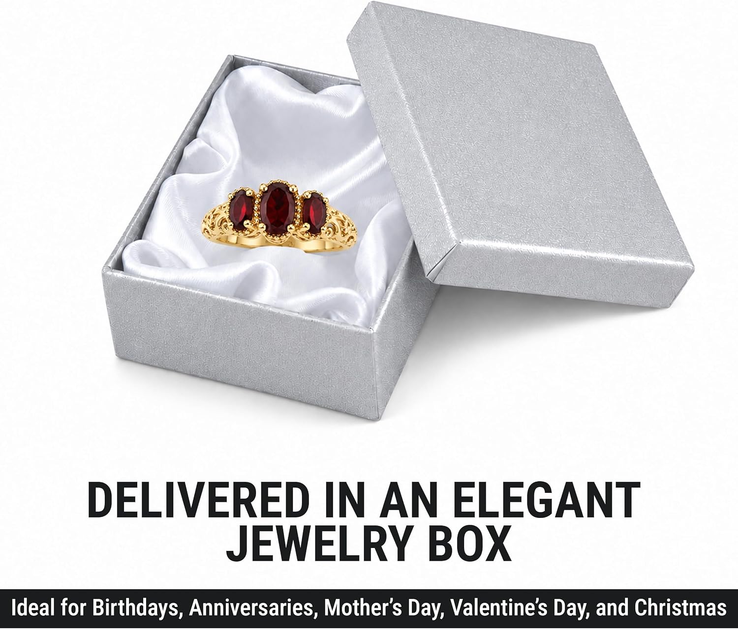 3 Stone Garnet Ring Silver with 14K Gold Plating January Birthstone Ring