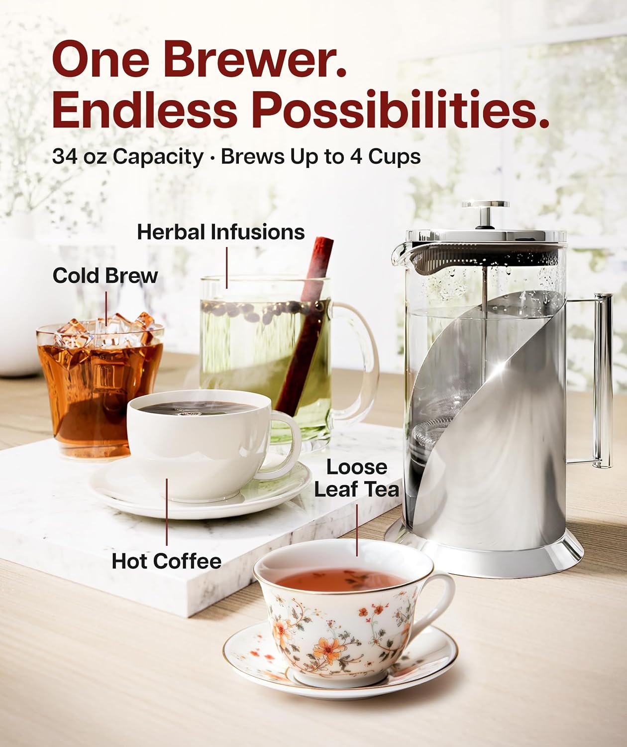 Cafe Du Chateau French Press Coffee Maker, 34 oz Glass, Stainless Steel | Easy Brew, Durable Clear Glass, 4-level Filtration, 34 oz Capacity, Coffee Press for Camping, Tea Brewer, BPA-Free Materials