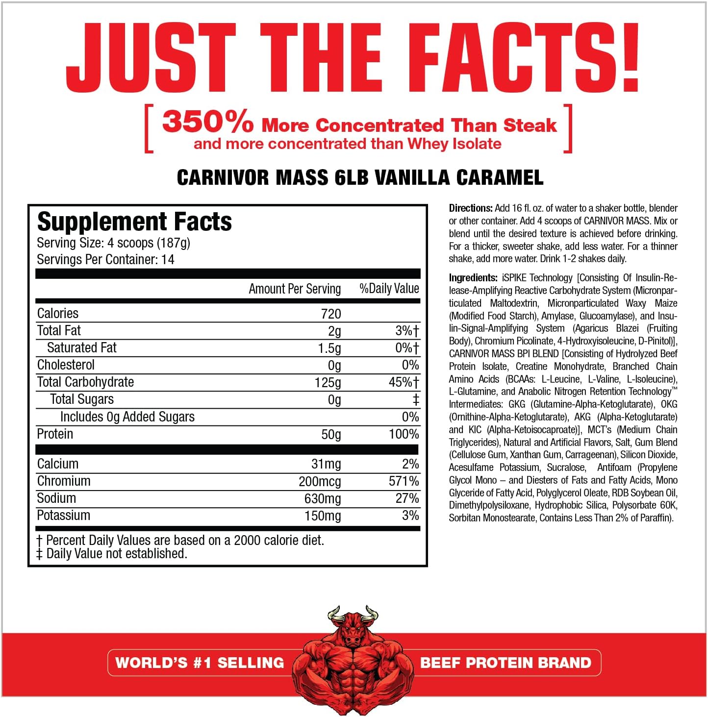 MuscleMeds CARNIVOR Mass Gainer Beef Protein Isolate Shake, 50 Grams Protein, 125 Grams Carbs, 0 Fat, 0 Sugar, Lactose Free, Halal Certified, Chocolate Peanut Butter, 6 Pound