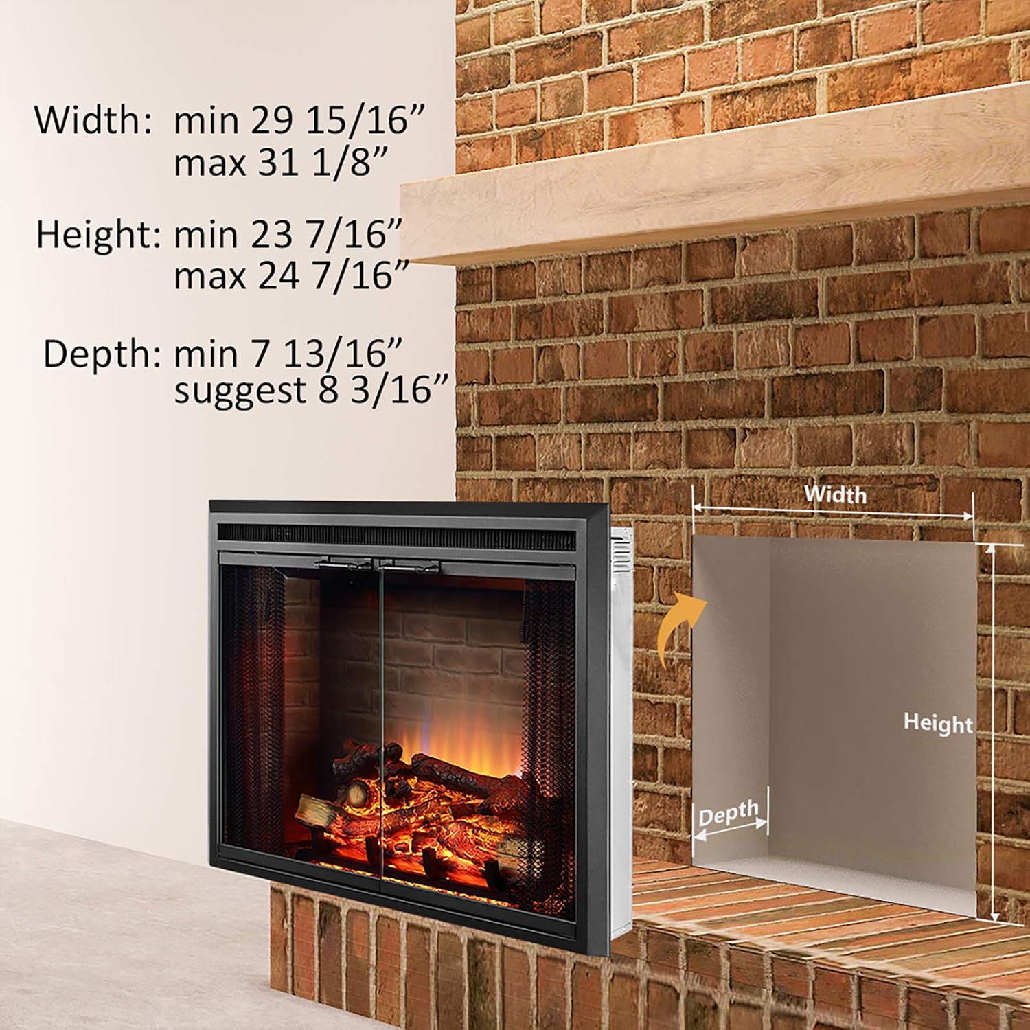 PuraFlame Klaus Electric Fireplace Insert with Fire Crackling Sound, Glass Door and Mesh Screen, 750/1500W, Black, 29 15/16 Inches Wide
