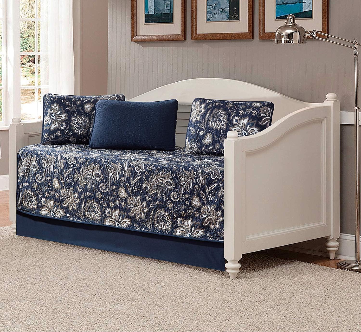 Luxury Home Collection 3 Piece Full/Queen Quilted Reversible Coverlet Bedspread Set Floral Printed Navy Blue White Gray