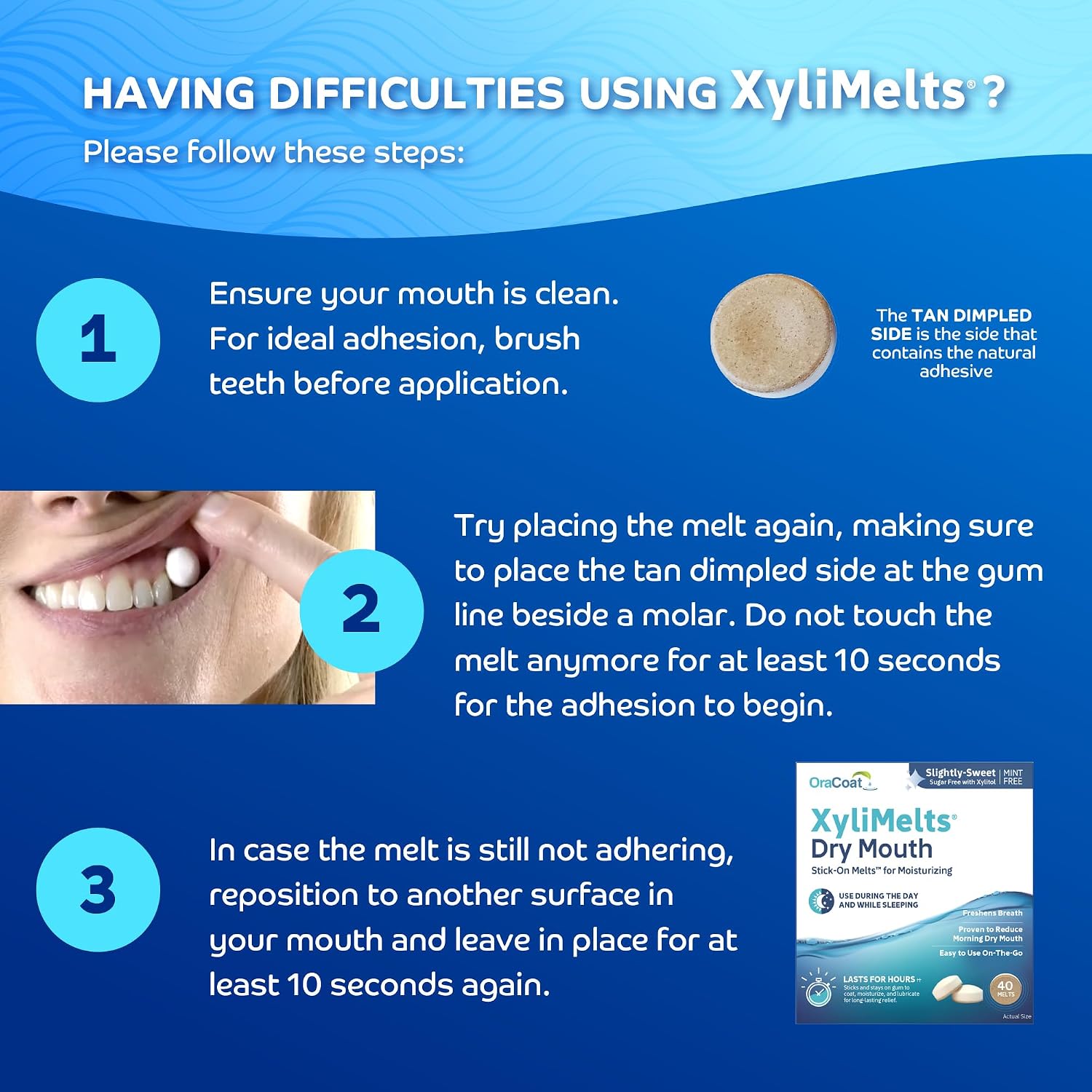 Oracoat XyliMelts for Dry Mouth Night Time or Day - Moisturizing Dry Mouth Adhering Discs, Sugar Free with Xylitol, 40 Count, Slightly-Sweet Flavor