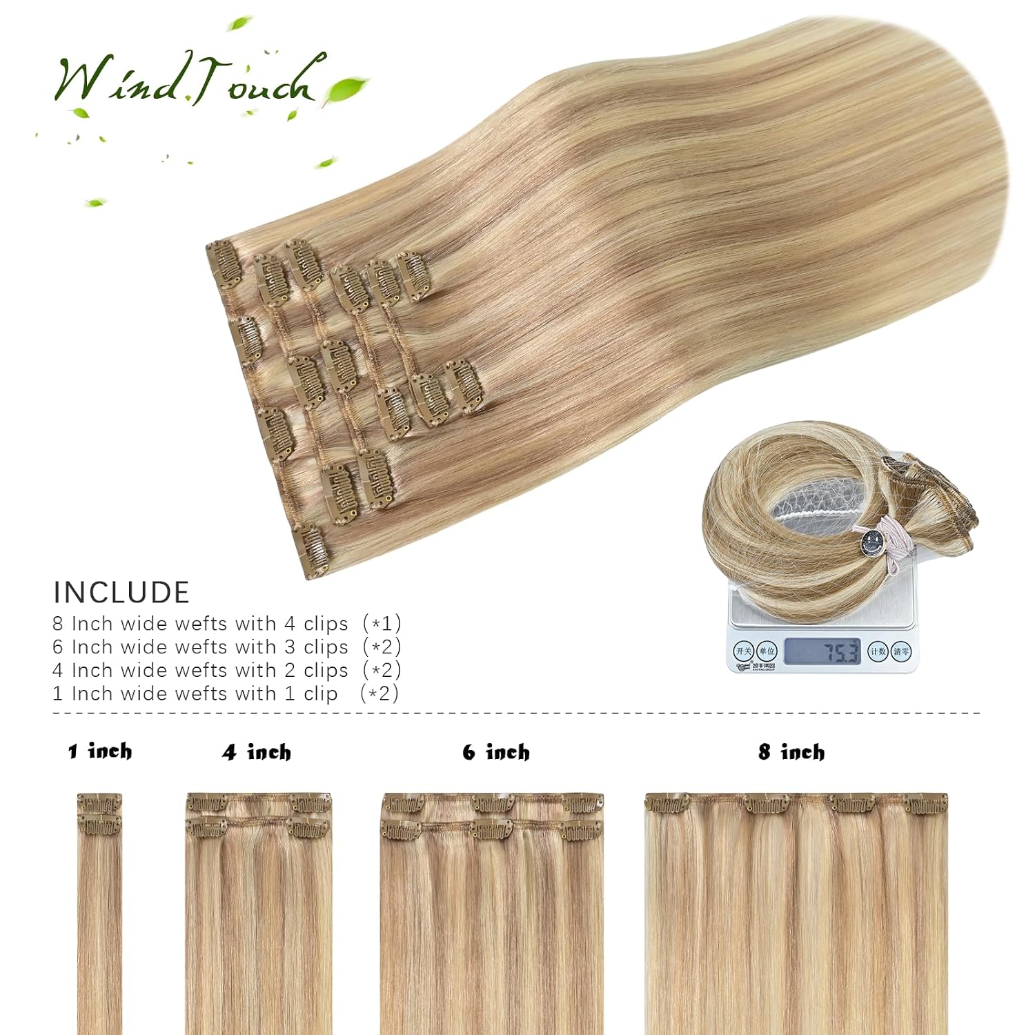 WindTouch Clip In Hair Extensions Human Hair Mixed Bleach Blonde 18Inch 75g Hair Extensions for Women Remy Blonde Extensions Clip in #18p613 7PCS