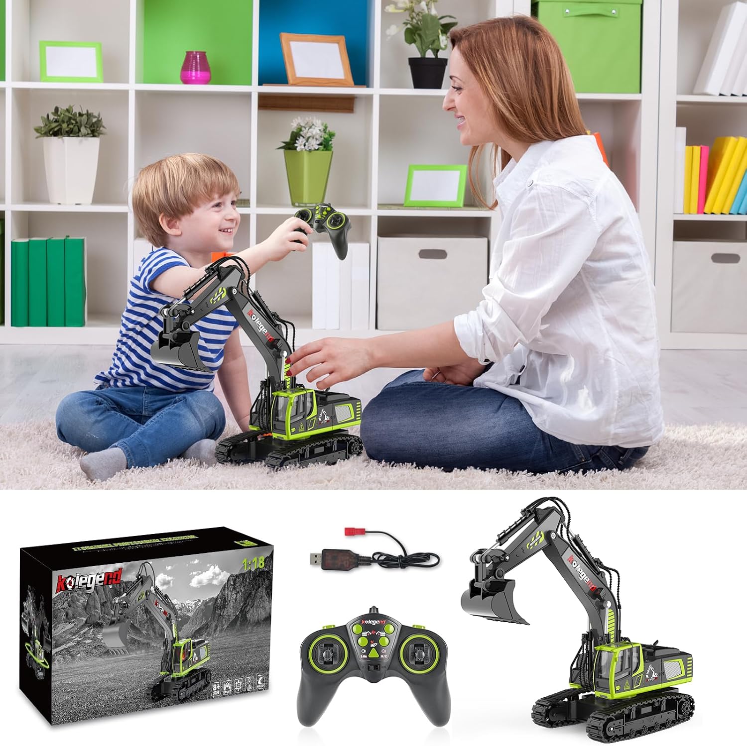 kolegend 1:18 Scale RC Excavator Toy with Metal Shovel, 11 Channels Remote Control Construction Truck