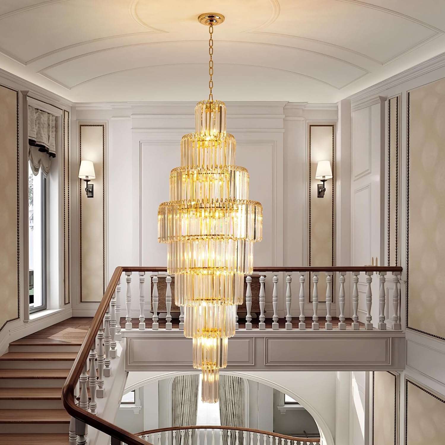 Luxury Modern Gold 9-Tier Crystal Chandelier for High Ceiling Foyer Staircase Large Entryway Light Fixture Dia23.7 20 Lights