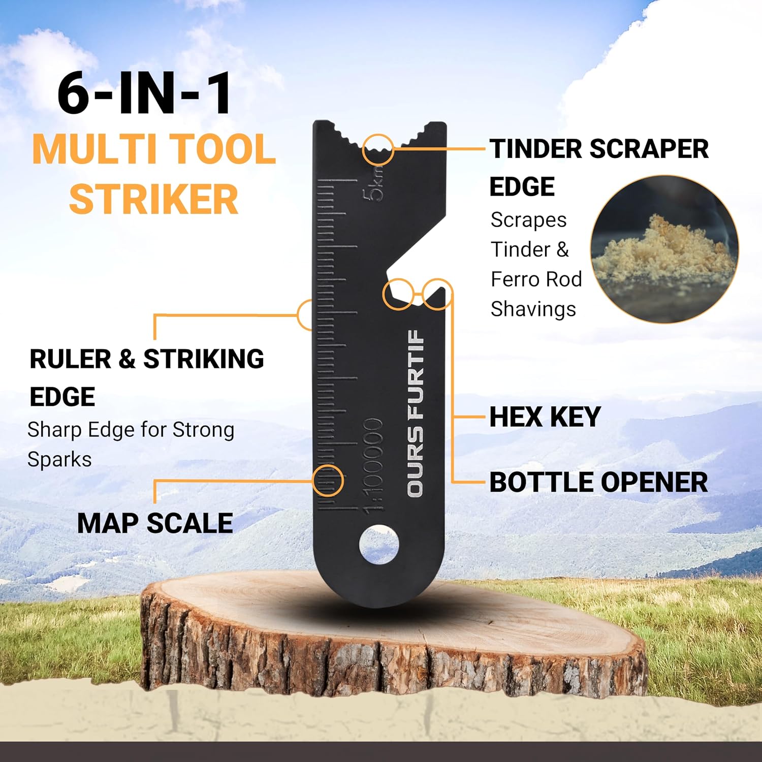 Ferro Rod Fire Starter Kit with Fatwood Tinder Stick - 3/8" Thick Ferrocerium Flint and Steel Fire Starter
