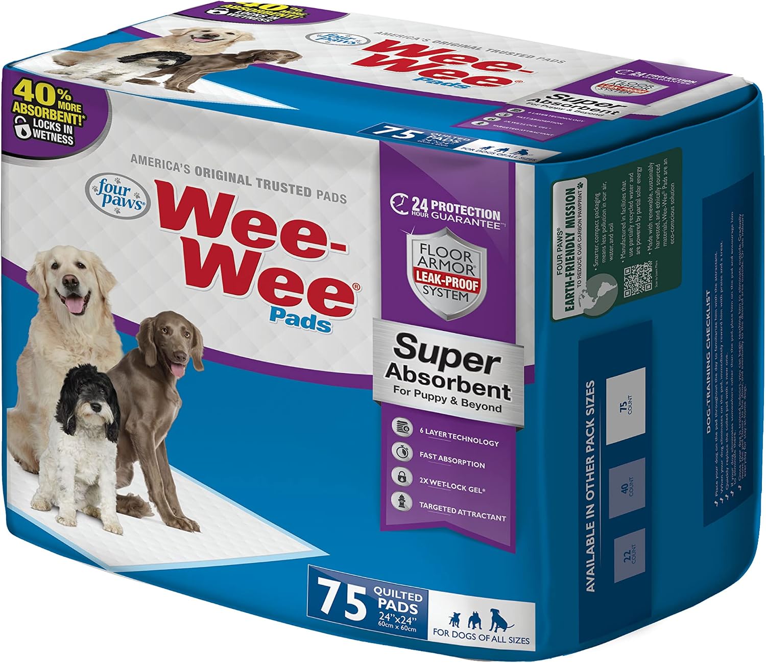 Four Paws Wee-Wee Super Absorbent Pads for Dogs, 22 Count | Leak-proof puppy pads, locks in wetness, dog housebreaking & potty training, all day floor protection, 24" x 24"
