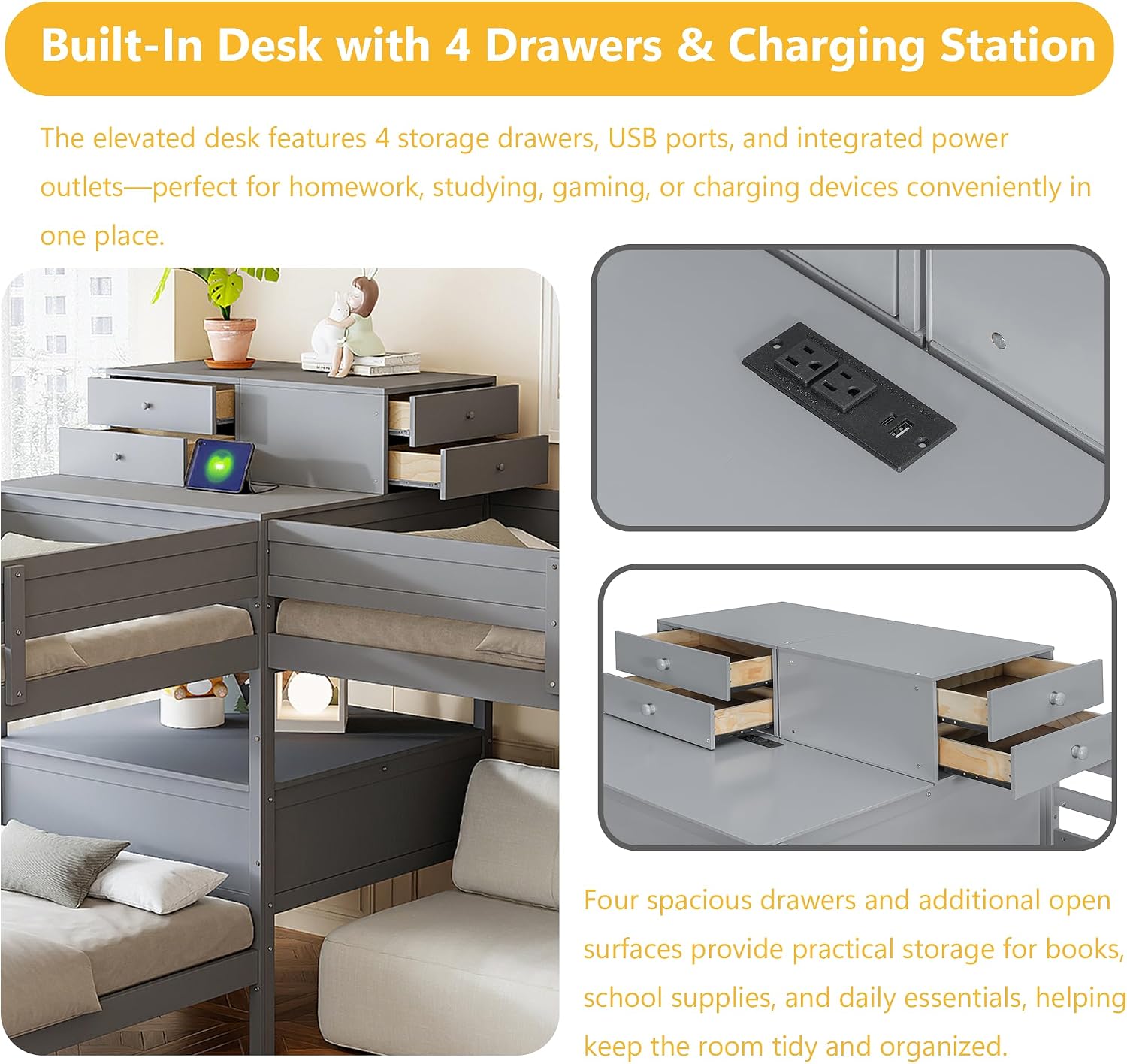 Harper & Bright Designs Twin L-Shaped Bunk Bed with Trundle, Can be Divided into Two L-Shaped Beds, No Spring Box Needed (Grey)