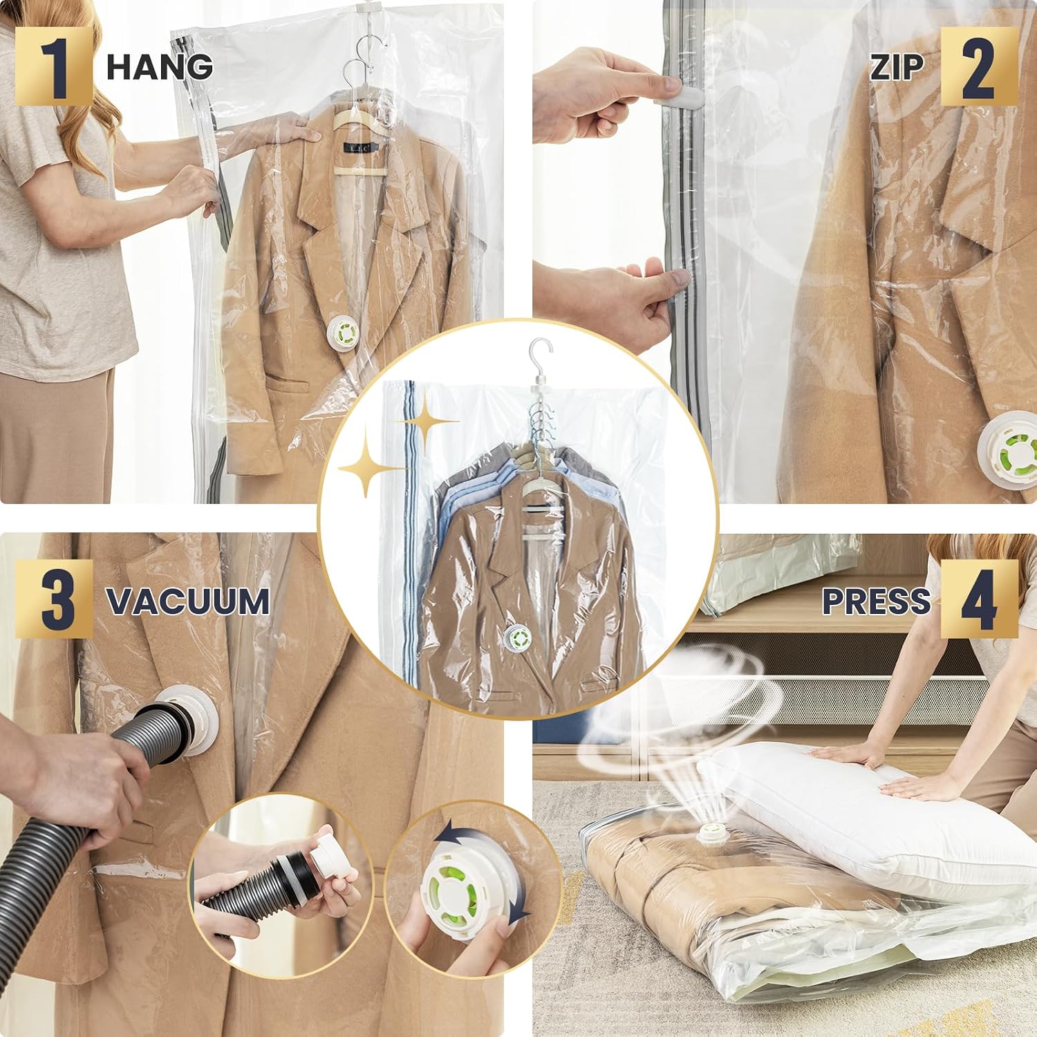 TAILI Hanging Vacuum Storage Bags, Space Save Vacuum seal bags for Clothing Travel, Suits and Jackets, Winter Coat Storage Closet Organizers, Set of 4 (2 Long, 2 Short), Clear
