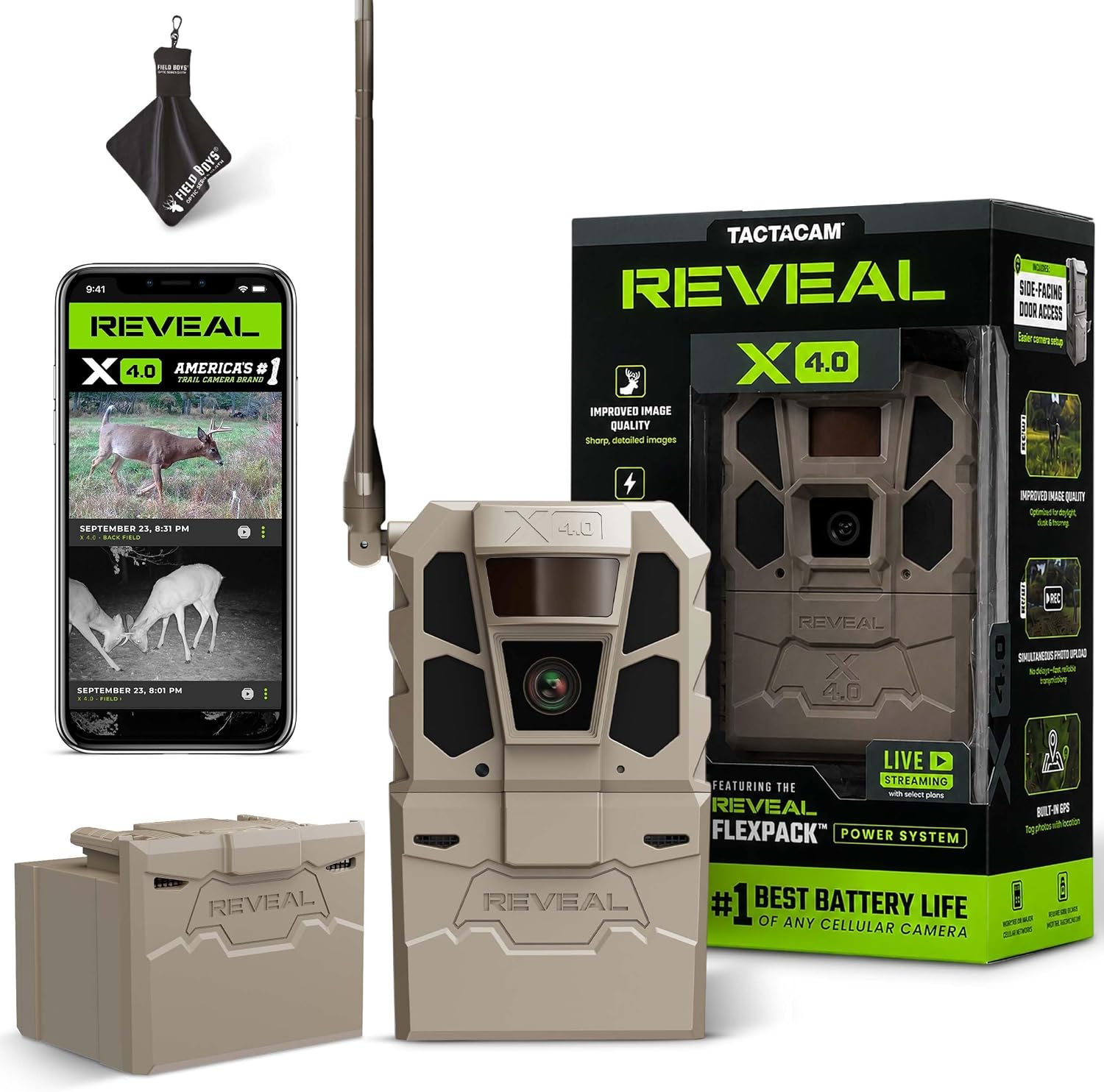 TACTACAM Reveal X 4.0 Cellular Trail Camera + Reveal FlexPack R10 Battery | Night Vision, Waterproof, 4K Photo, 1080p Video, Built-In GPS