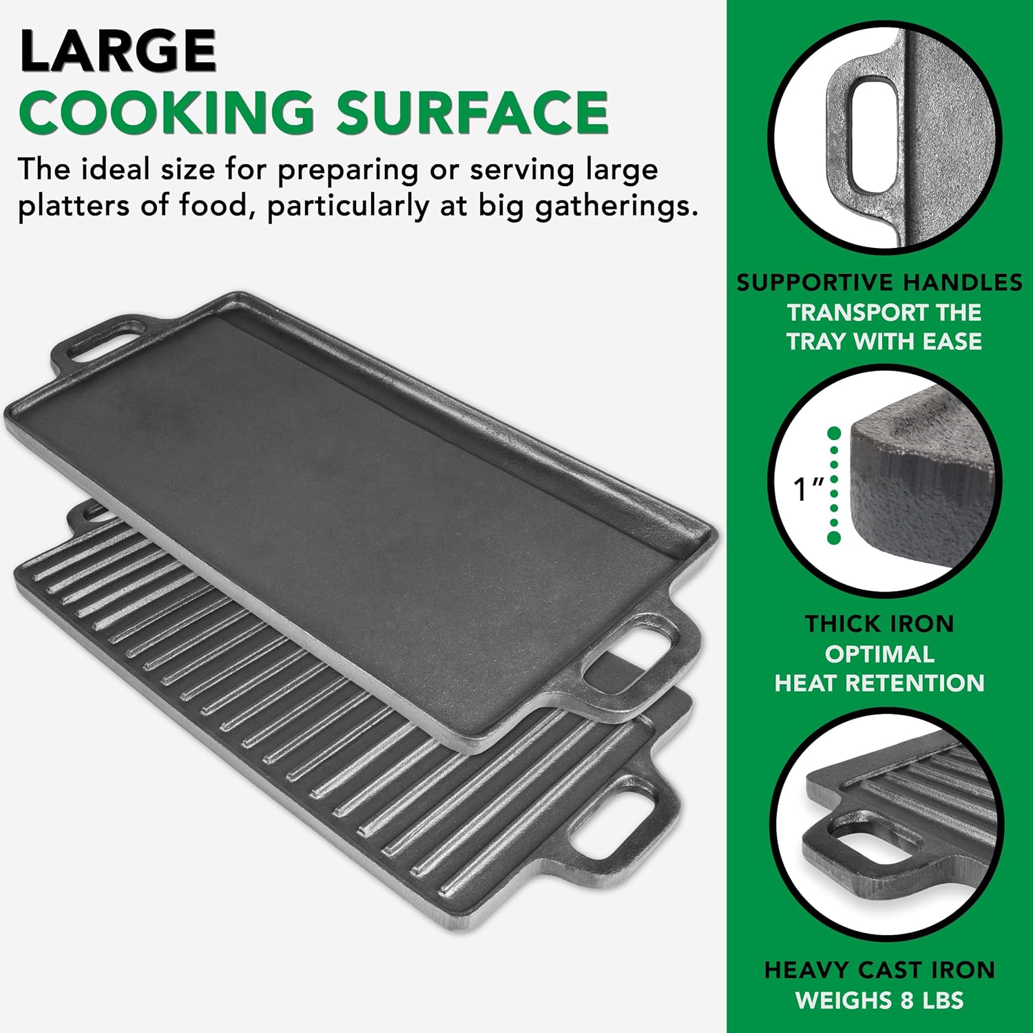 ProSource 2-in-1 Reversible 19.5” x 9” Cast Iron Griddle with Handles, Preseasoned & Non-Stick for Gas Stovetop, Oven and Open Fire.