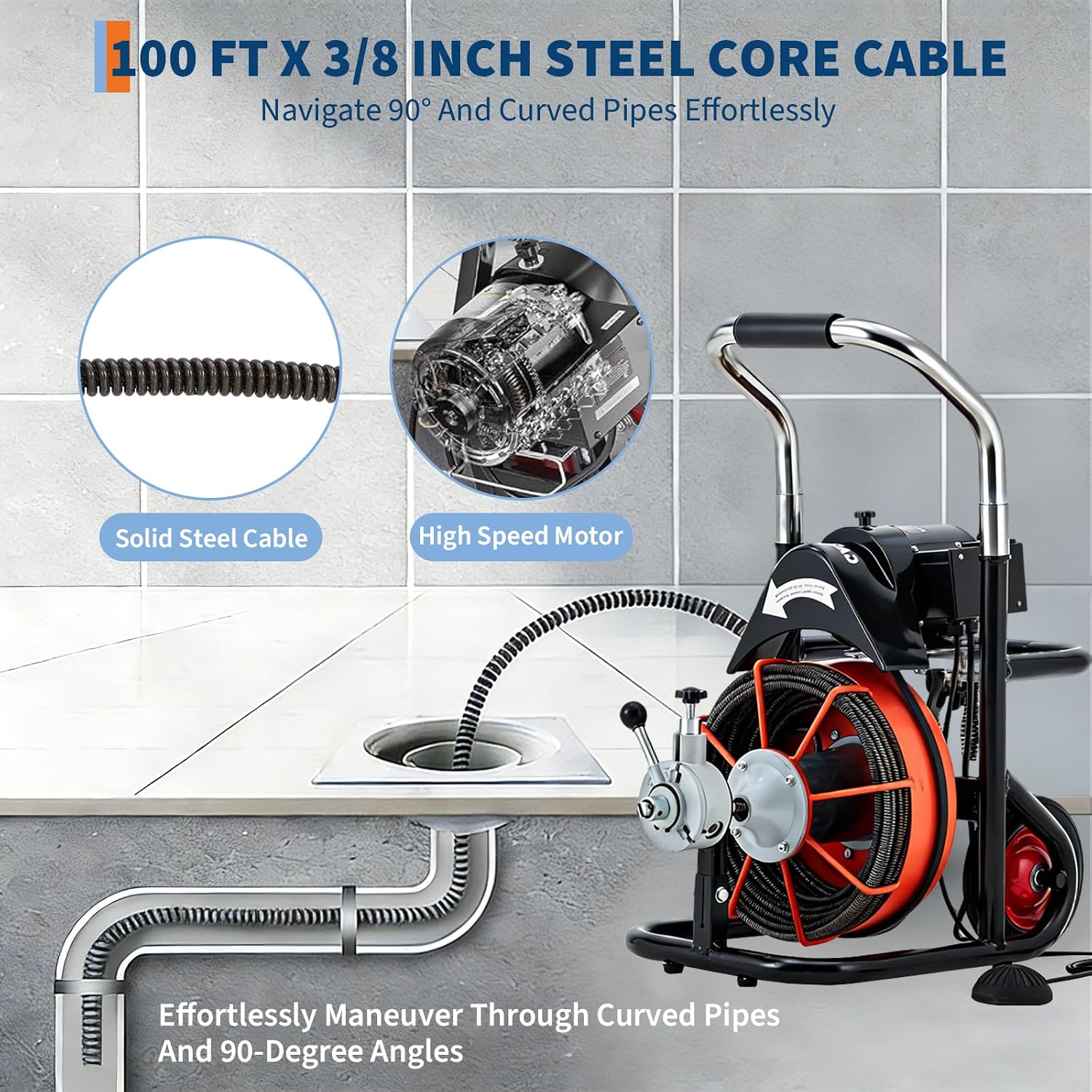 100FT x 3/8 Inch Drain Cleaning Machine with 10 Cutters & Air-Activated Foot Switch, Auto Feed Drain Snake Auger on Wheels