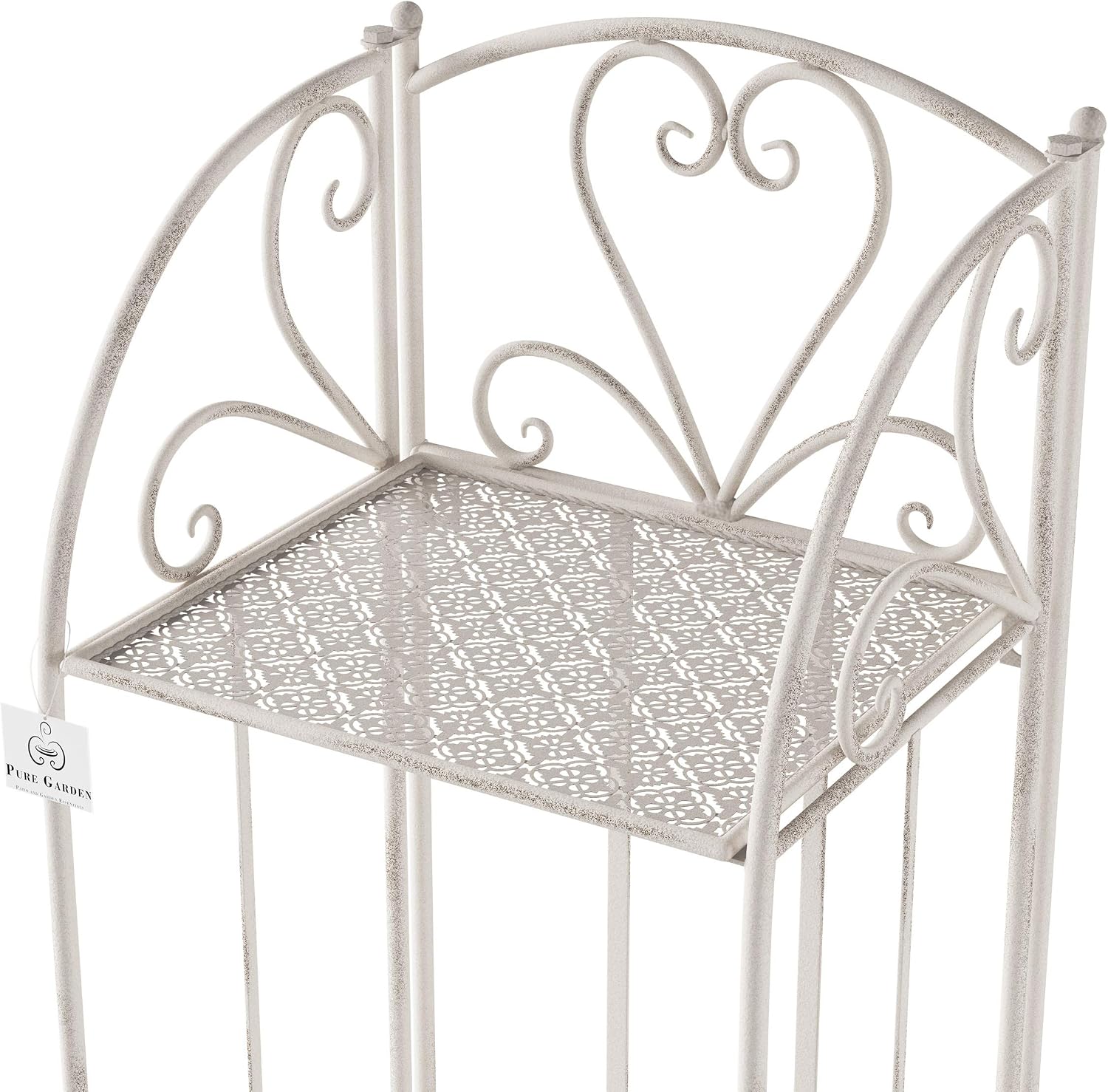 Plant Stand 3-Tier Vertical Shelf Indoor or Outdoor Folding Wrought Iron Home Garden Display with Laser Cut Shelves by Pure Garden (Antique White)