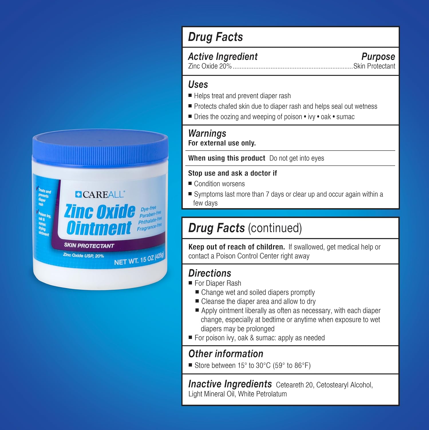 CareAll Zinc Oxide 20% Skin Protectant Barrier Ointment 15 oz., Provides Relief