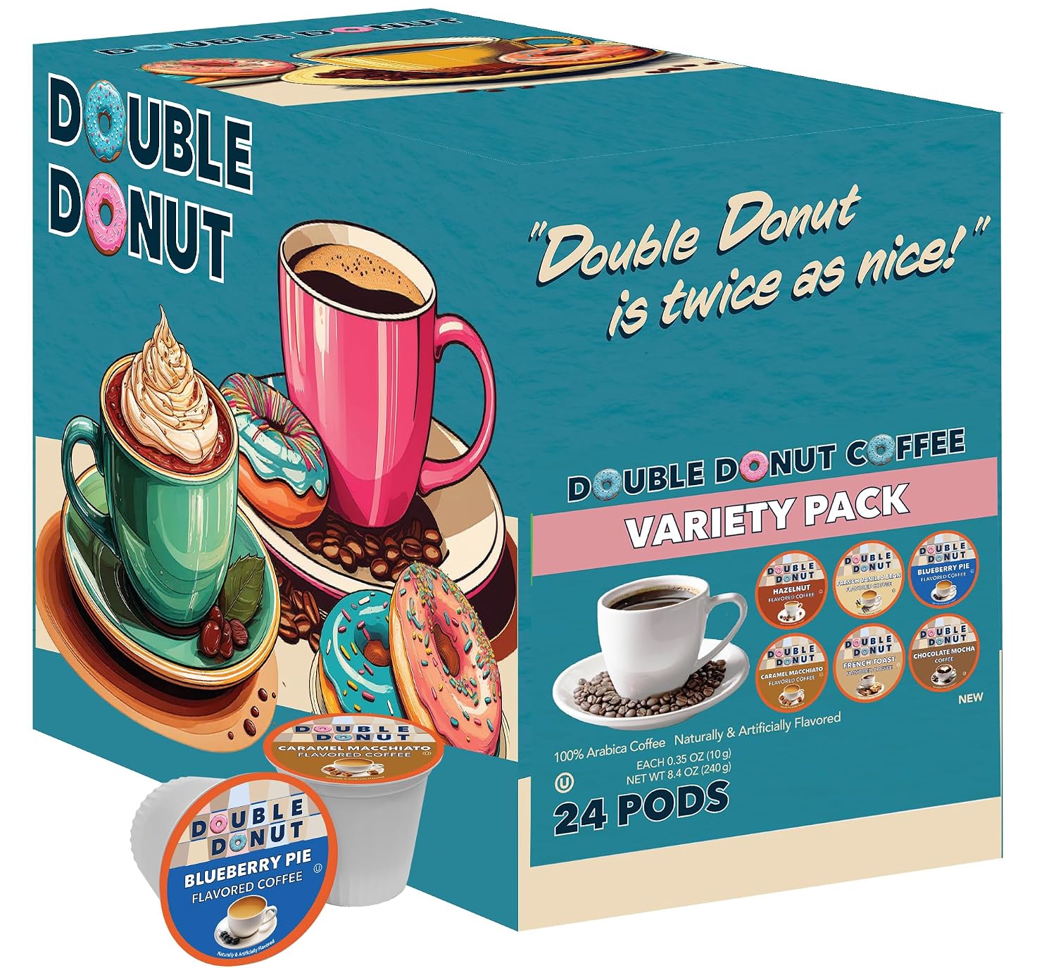 Double Donut Coffee Variety Pack - Recyclable Single Serve Flavored Coffee Pods, 24 Count for Keurig K-Cup Coffee Makers