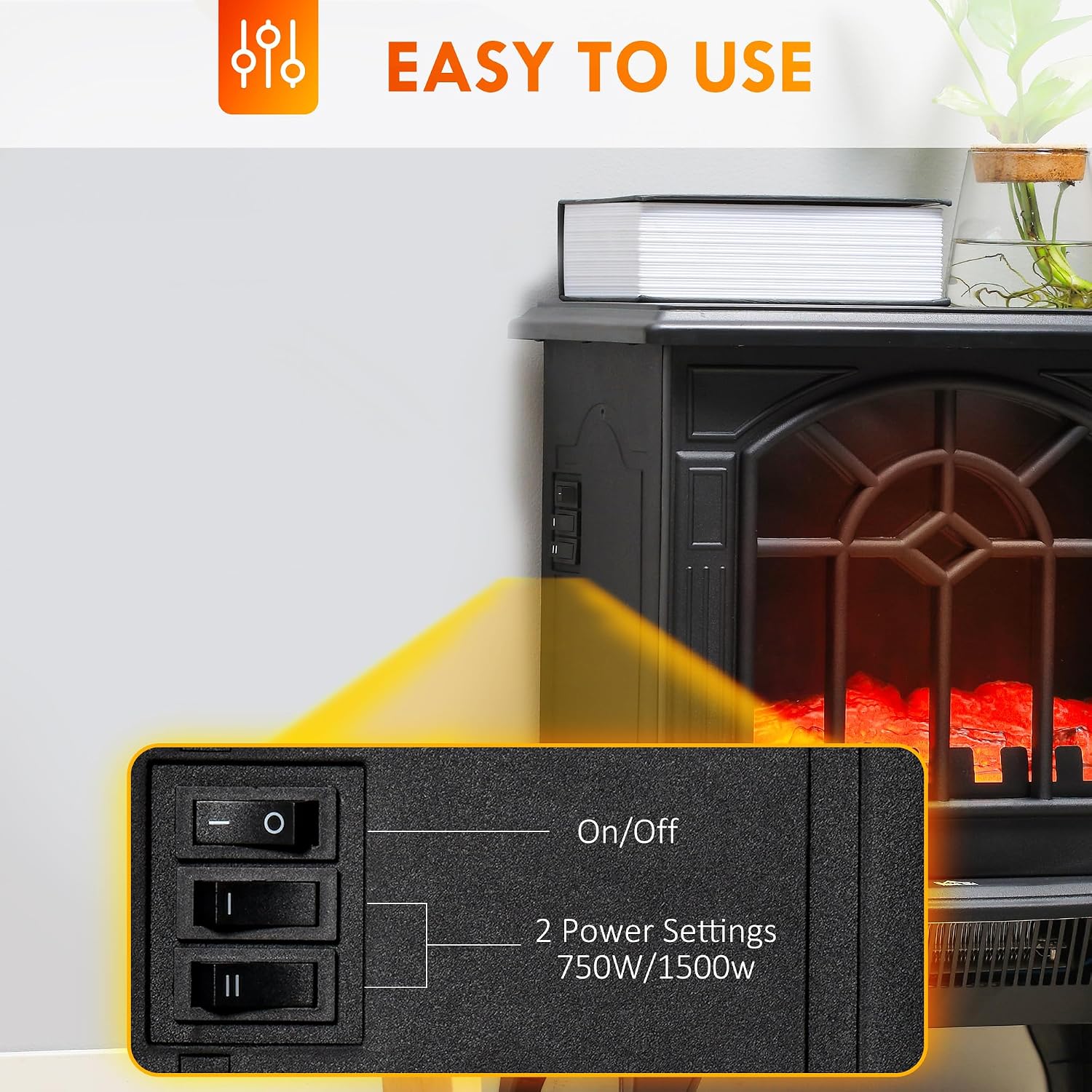HOMCOM Electric Fireplace Stove 18" Freestanding Fireplace Heater Black | Realistic Flame, Overheating Protection, Portable, 750W/1500W