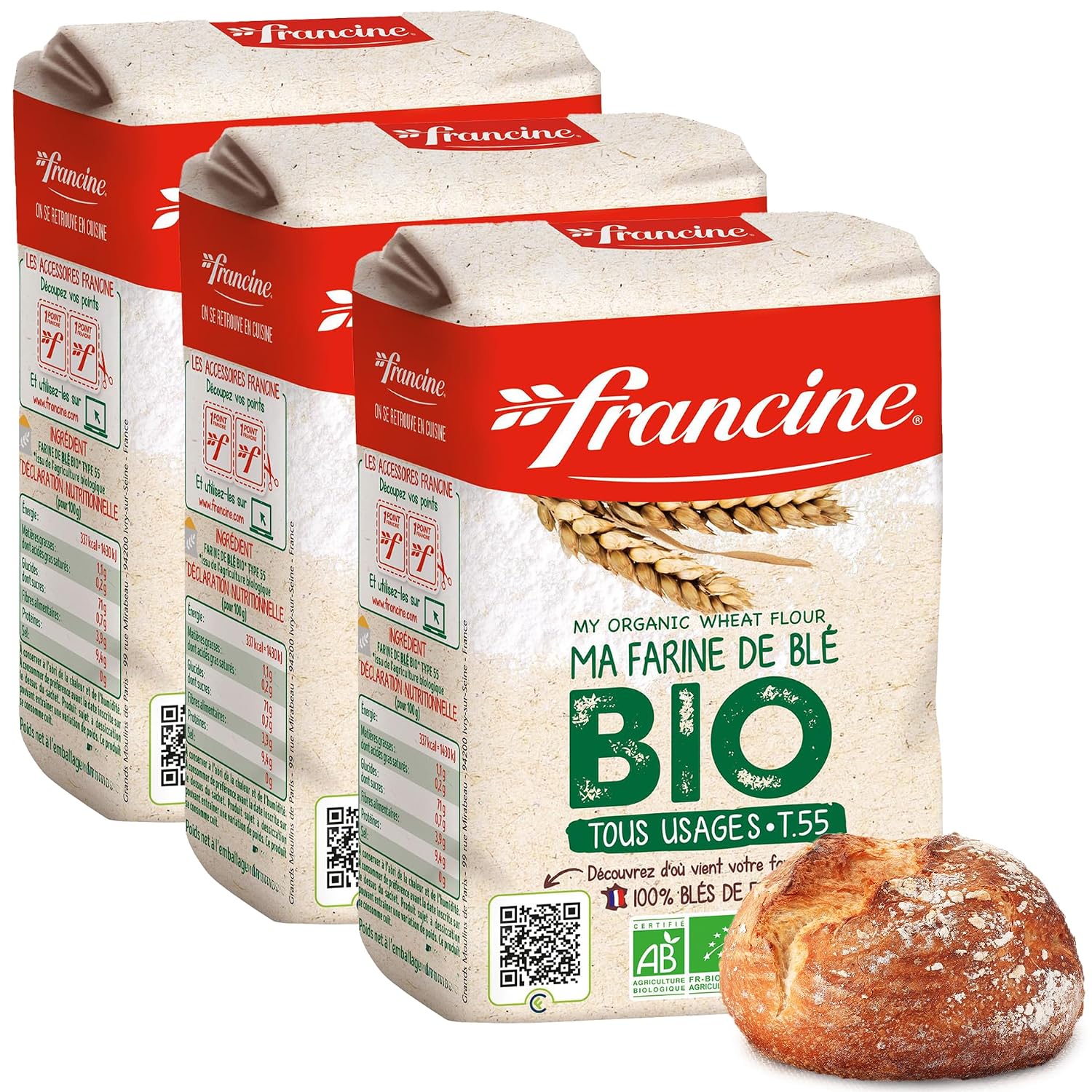 Francine Organic T55 All-Purpose French Flour, EU Certified, 2.2lb (2-Pack)