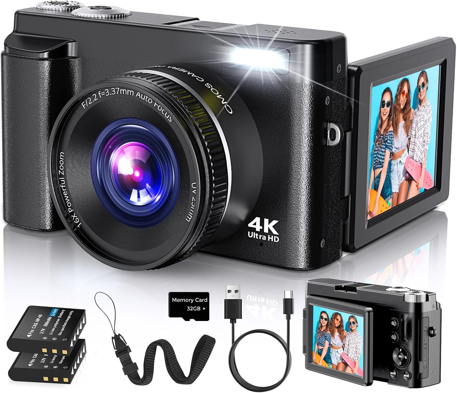4K Digital Camera for Photography Autofocus, 2026 Latest 48MP Vlogging Camera for YouTube with SD Card, 2 Batteries, 3" 180°Flip Screen Compact Travel Camera for Teens with 16X Zoom,Black