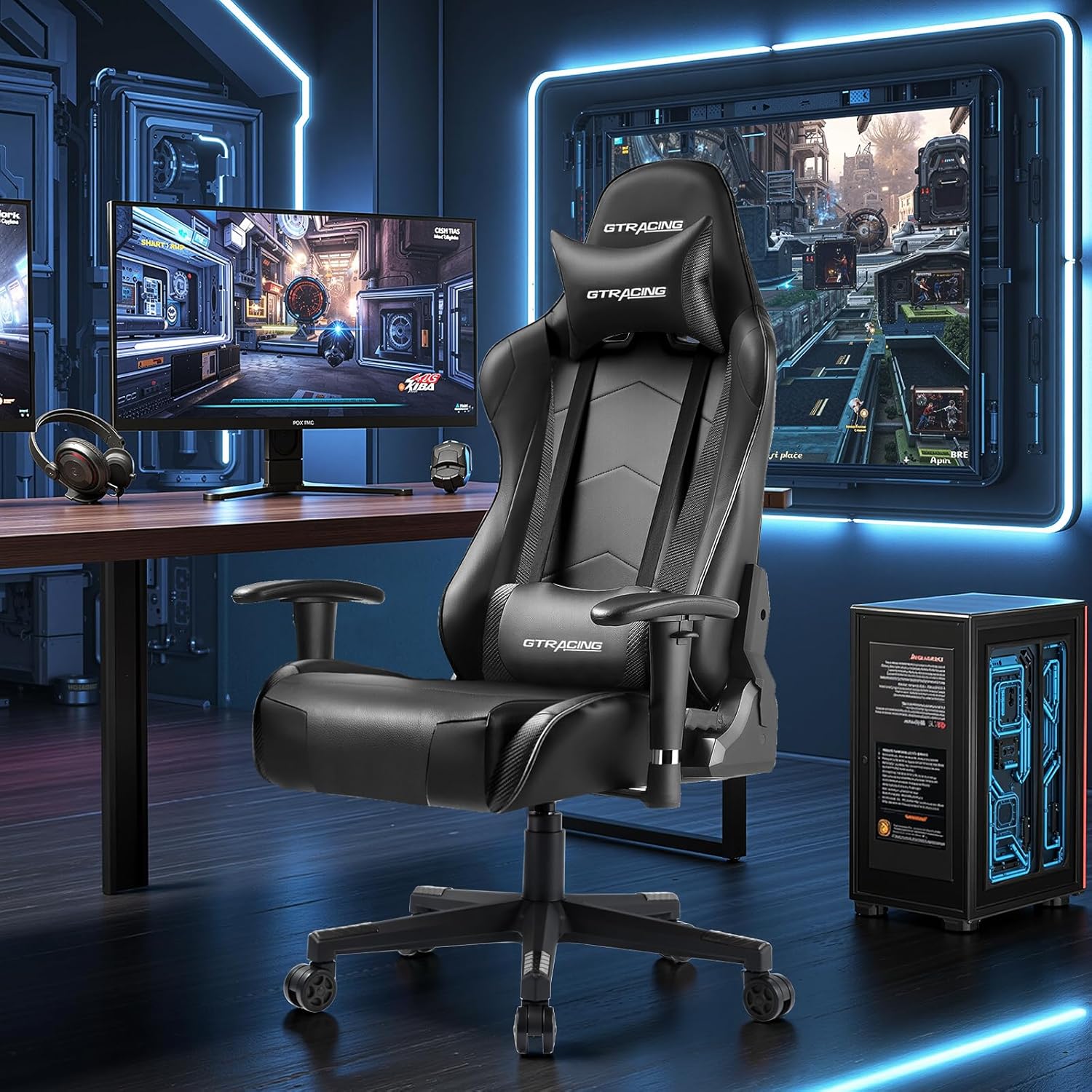 GTRACING Gaming Chair Racing Office Computer Ergonomic Video Game Chair Backrest and Seat Height Adjustable Swivel Recliner with Headrest and Lumbar