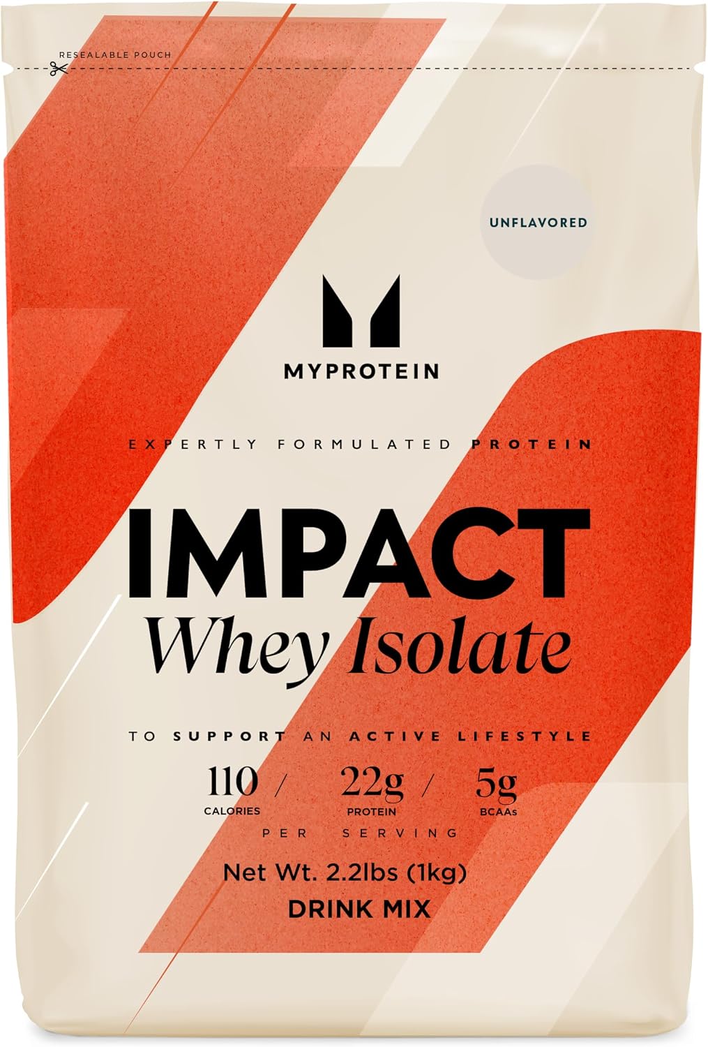 Myprotein Impact Whey Protein Isolate, 2.2 Lbs (40 Servings) Unflavored, 22g Protein, 3.5g Glutamine & 4.5g BCAA Per Serving