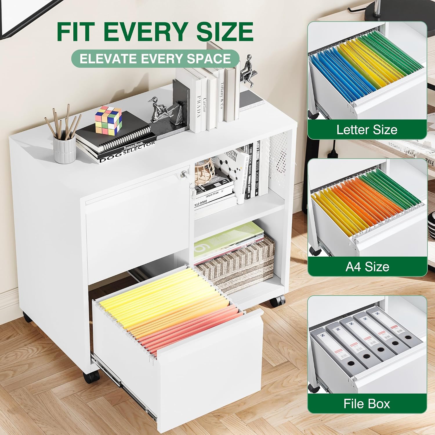 3 Drawer File Cabinet with Lock,Mobile Lateral Filing Cabinet with Side Hook for Letters/Legal/A4, Metal Printer Stand Storage Cabinets with Shelves for Home Office(Black)