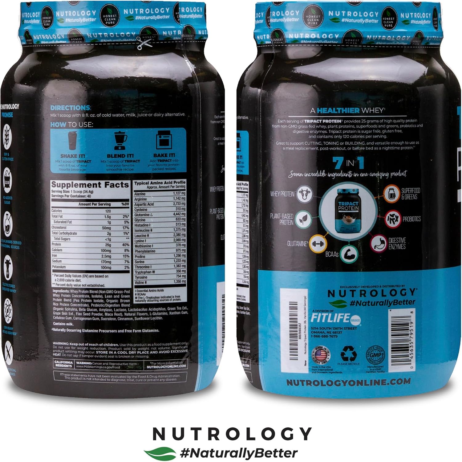 TRIPACT Protein Powder Vanilla Latte Cinnamon - 40 Servings | 7-in-1 Meal Replacement, Grass Fed Whey Protein, Pea Protein, Rice Protein, Greens Blend, Recovery Support