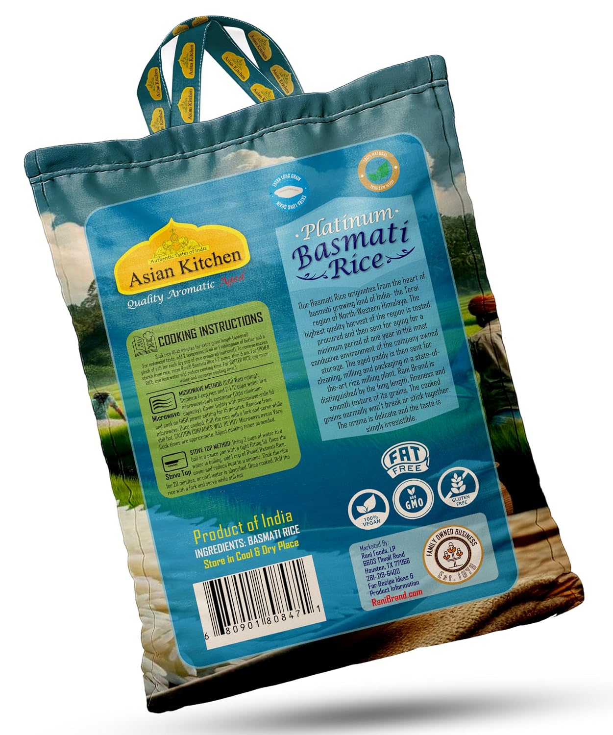 Asian Kitchen Platinum White Basmati Rice Extra Long Aged 20lbs (9.08kg) ~ All Natural | Gluten Friendly | Vegan | Indian Origin | Export Quality