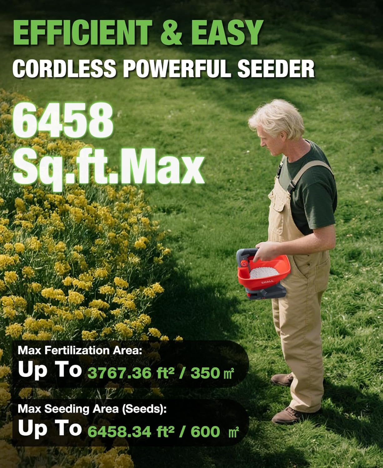 SHALL Battery Powered Fertilizer Spreader, 7.2V Rechargeable Seed Spreader for Salt, De-Icer, Earth Food, Grass Seed
