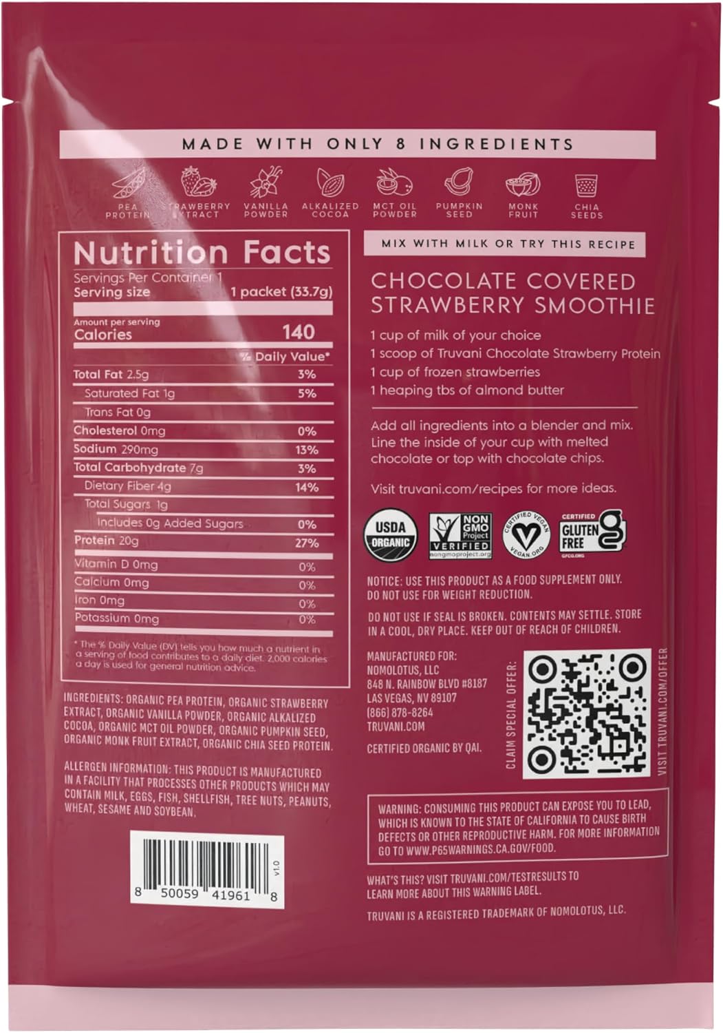 Truvani Organic Plant Based Protein Powder | Chocolate | 1 Serving