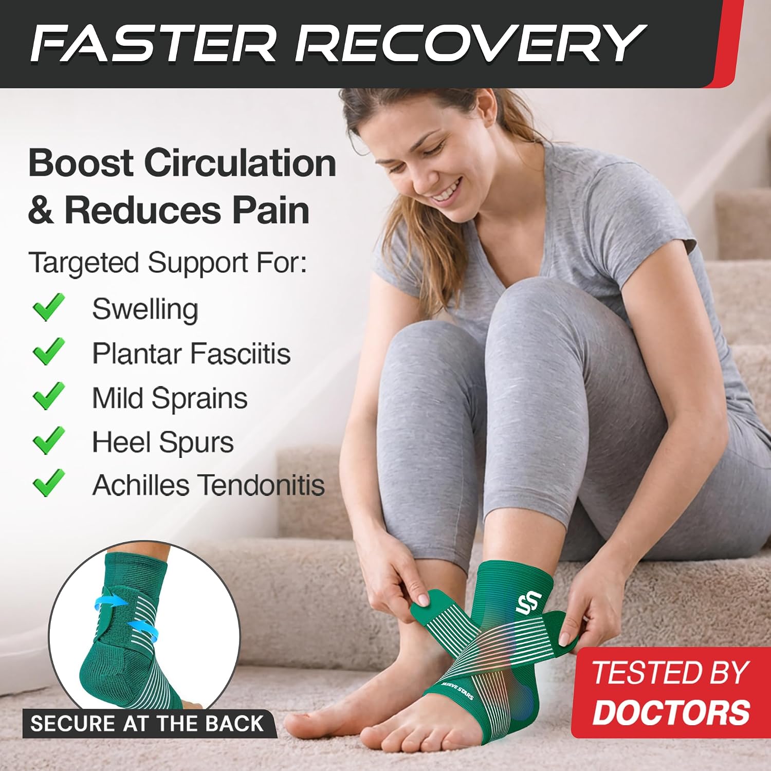 Sleeve Stars Ankle Brace for Women & Men, Ankle Wrap for Sprain, Compression Sleeve for Plantar Fasciitis Relief, Easy Customizable Support: w/ Removable Strap (Single/M:10"-12"/Black)