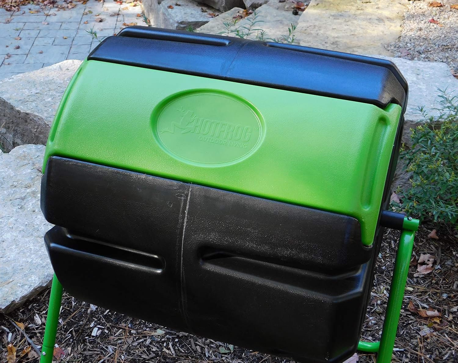 FCMP Outdoor HOTFROG Roto Single Chamber Batch Tumbling Composter - Outdoor Rotating Garden Compost Bin (HF-RM4000) Black & Green (37-Gallon)