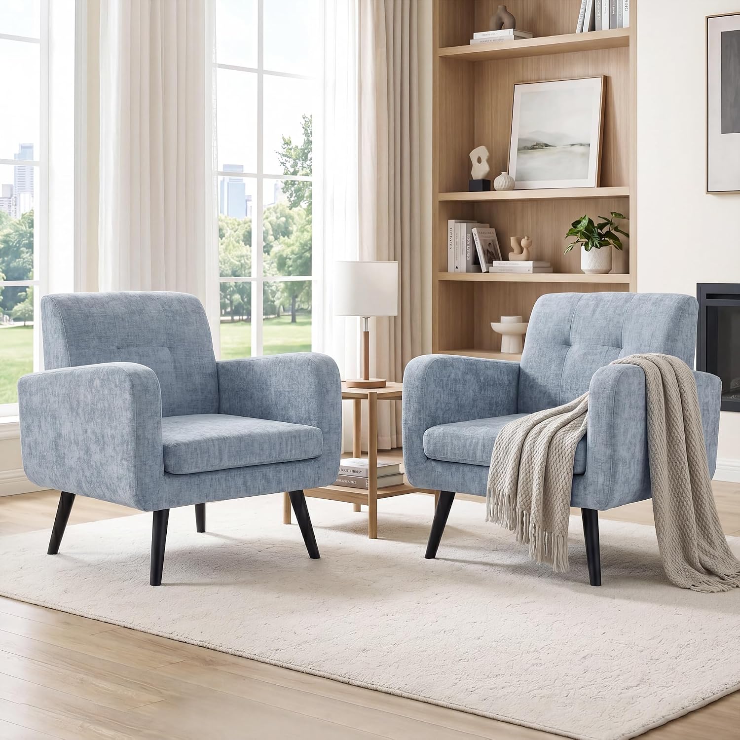 LSSPAID Modern Accent Chairs, Upholstered Fabric Cozy Armchairs, Living Room Side Chair with Solid Wood Legs, Blue