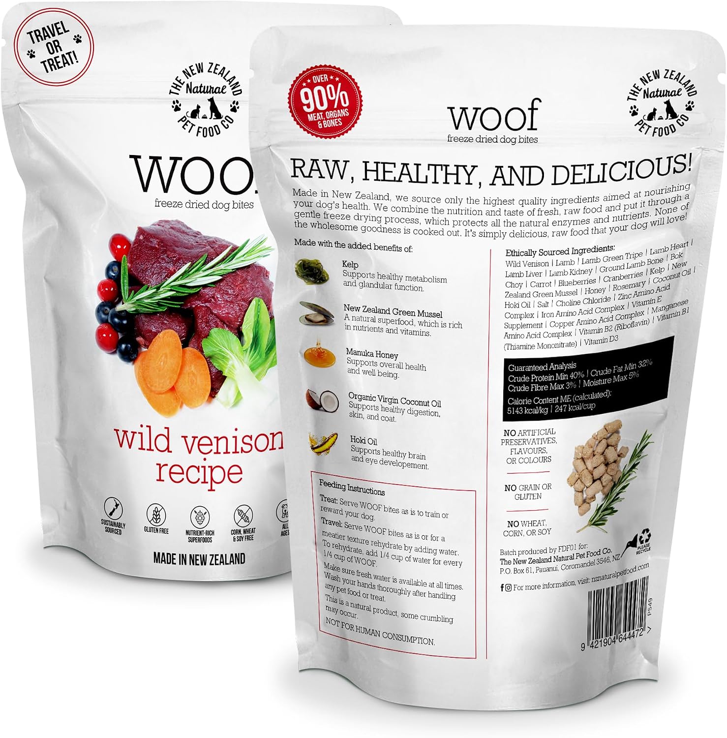 The New Zealand Natural Pet Food Co. Woof Freeze Dried Dog Food - Wild Venison, High Protein, Dog Food Topper & Dog Treats, All Life Stages, 1.76 oz