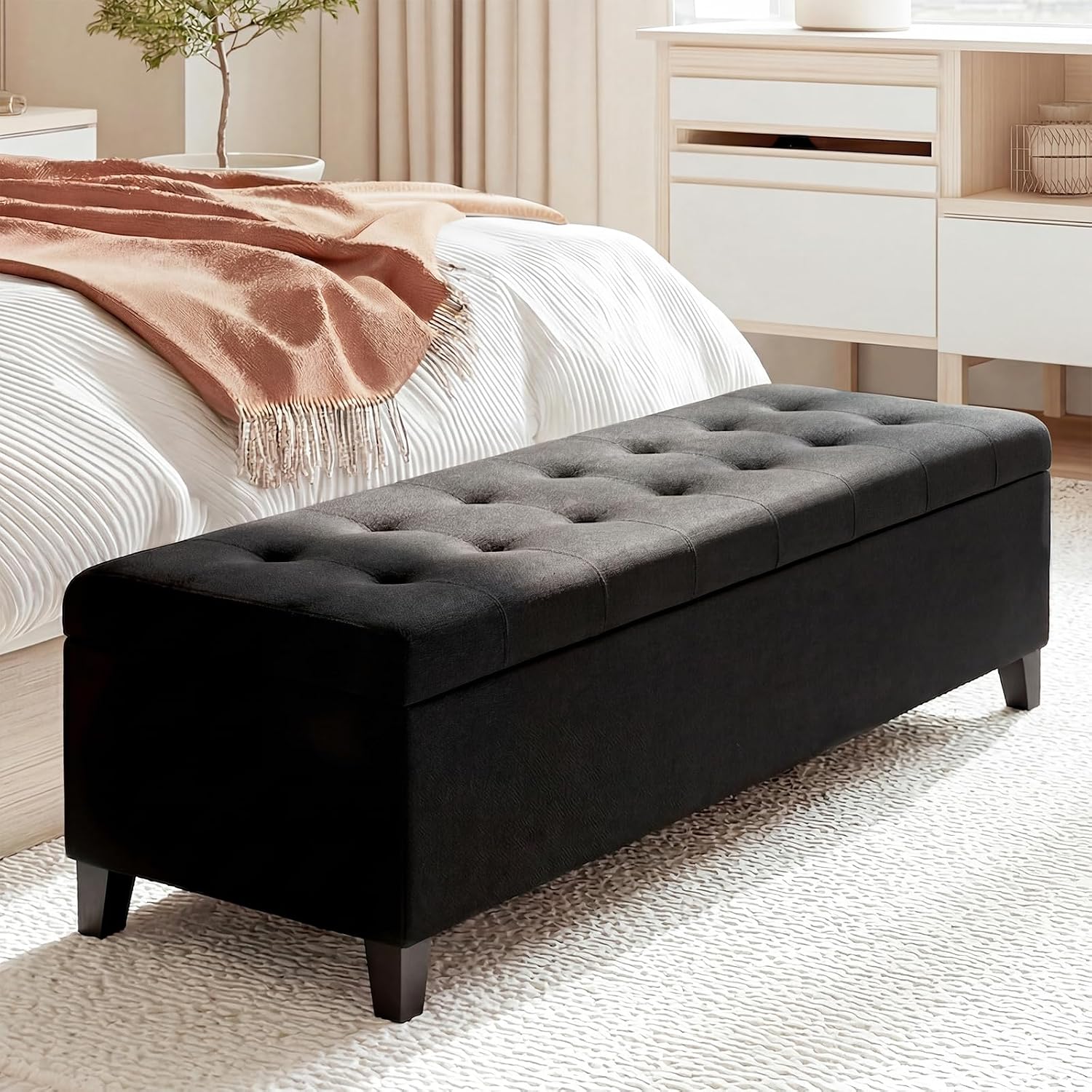 51 Inch Storage Bench,Leather Tufted Storage Ottoman with Legs | Safety Hinges,Wooden Legs,Upholstered,End of Bed,Bedroom,Living Room,Entryway,330LBS,Brown